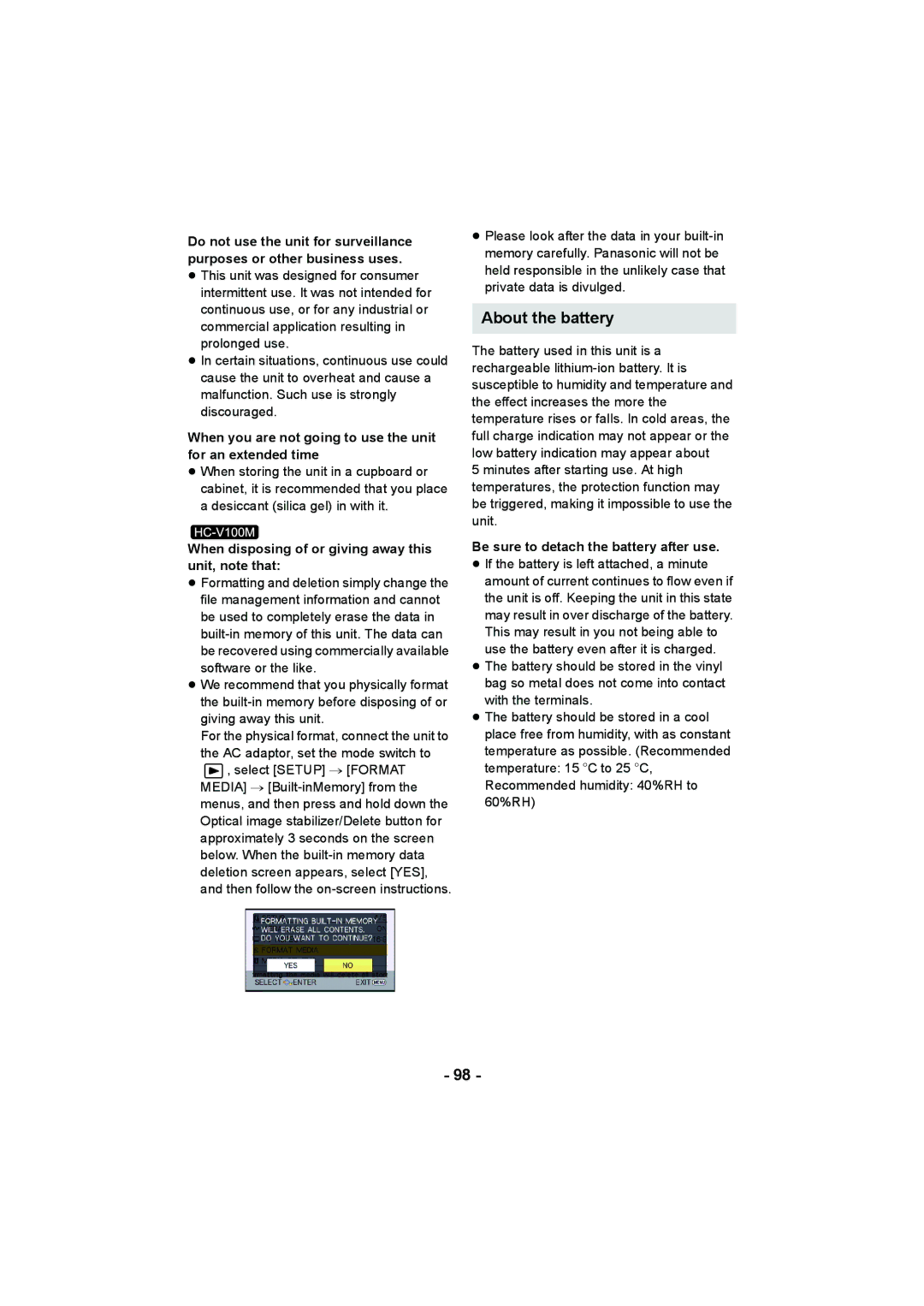 Panasonic HC-V100M operating instructions About the battery, When you are not going to use the unit for an extended time 