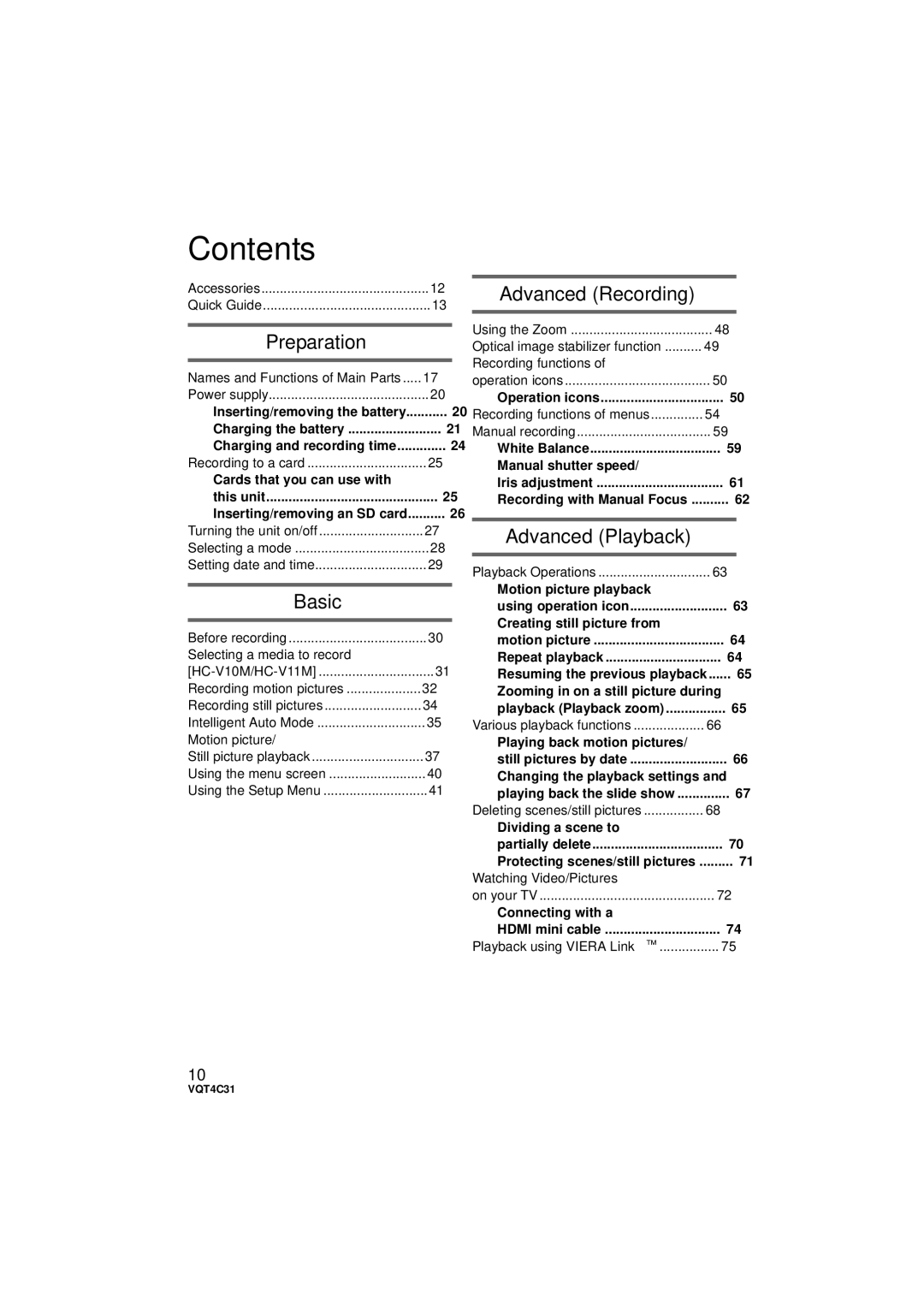 Panasonic HC-V10M, HC-V11M, HCV10K owner manual Contents 