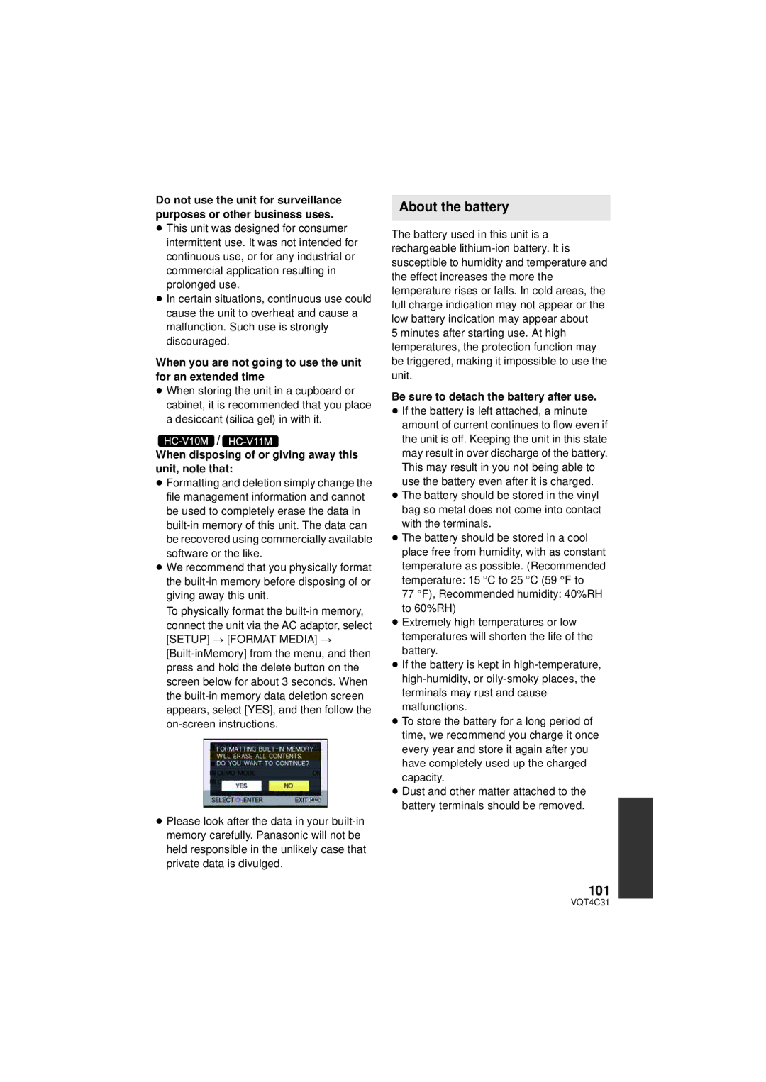 Panasonic HC-V11M, HC-V10M, HCV10K About the battery, 101, When you are not going to use the unit for an extended time 