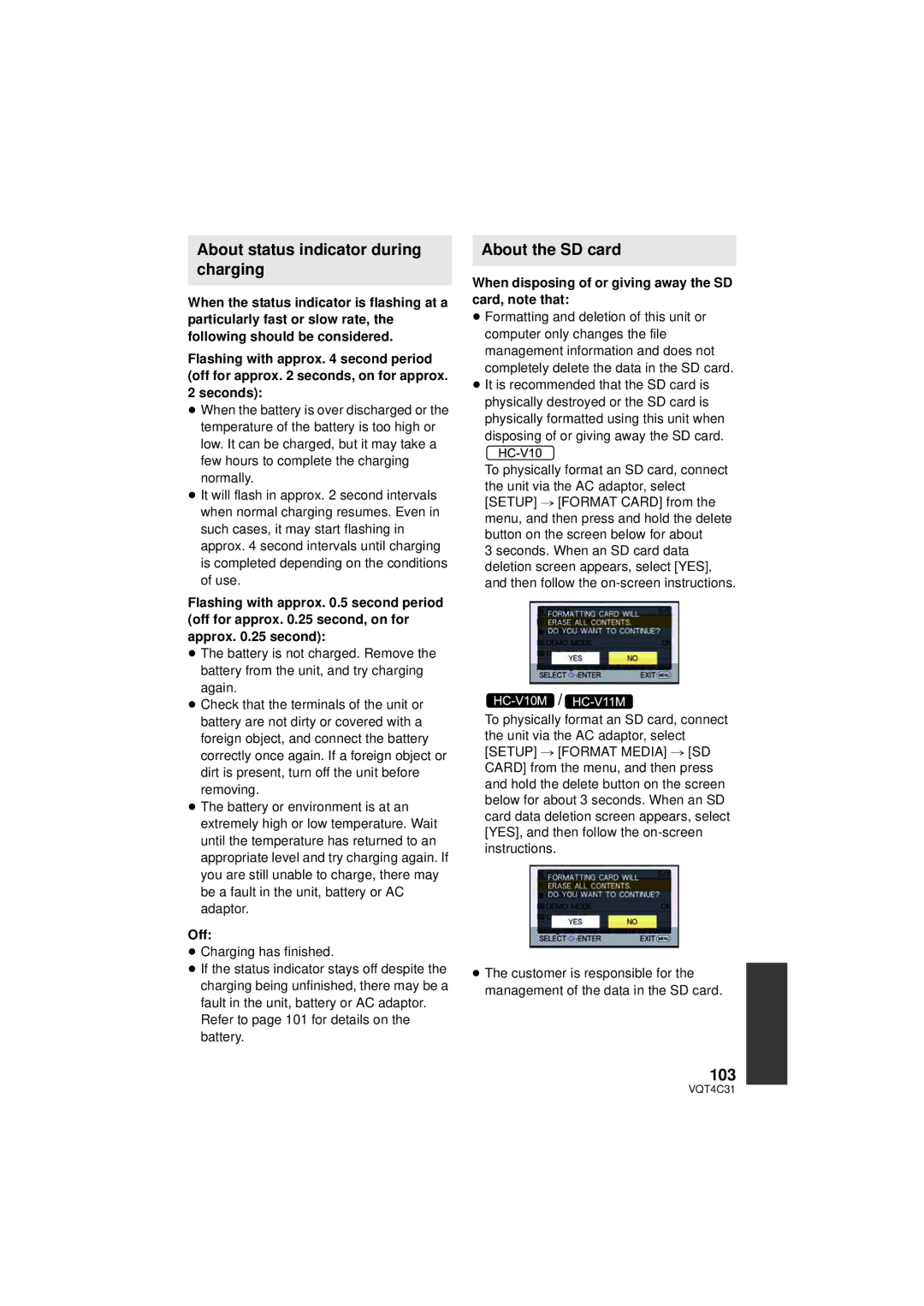 Panasonic HCV10K, HC-V10M, HC-V11M owner manual About status indicator during charging, About the SD card, 103, Seconds 