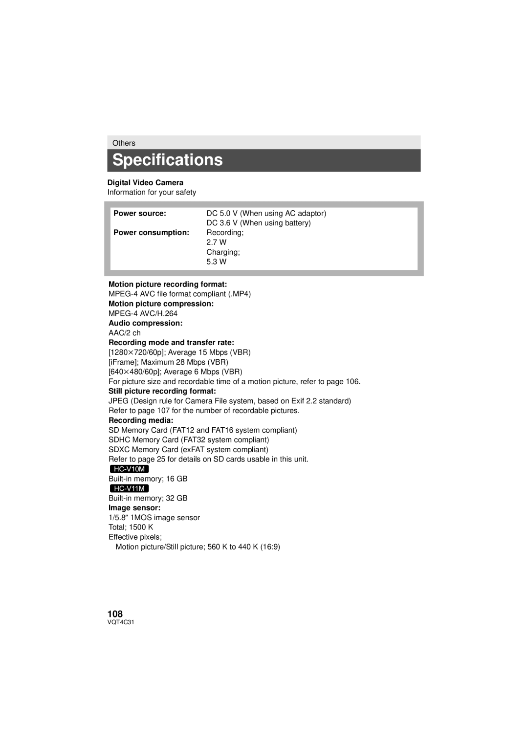 Panasonic HC-V10M, HC-V11M, HCV10K owner manual Specifications, 108 