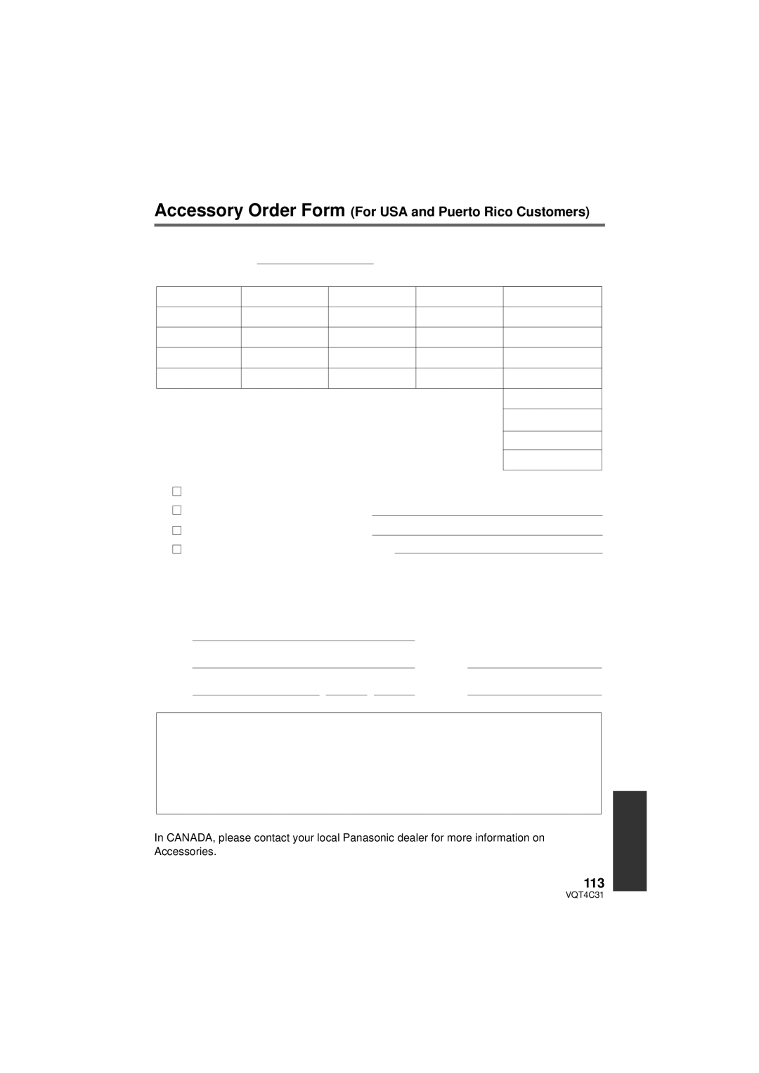 Panasonic HC-V11M, HC-V10M, HCV10K owner manual Accessory Order Form For USA and Puerto Rico Customers, 113 