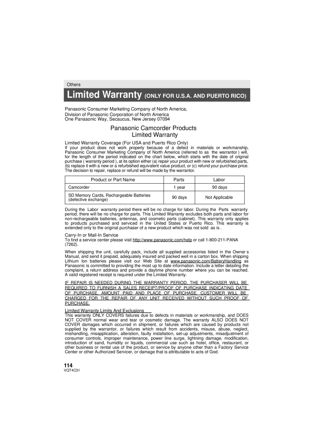 Panasonic HC-V10M, HCV10K 114, Limited Warranty Coverage For USA and Puerto Rico Only, Product or Part Name Parts Labor 