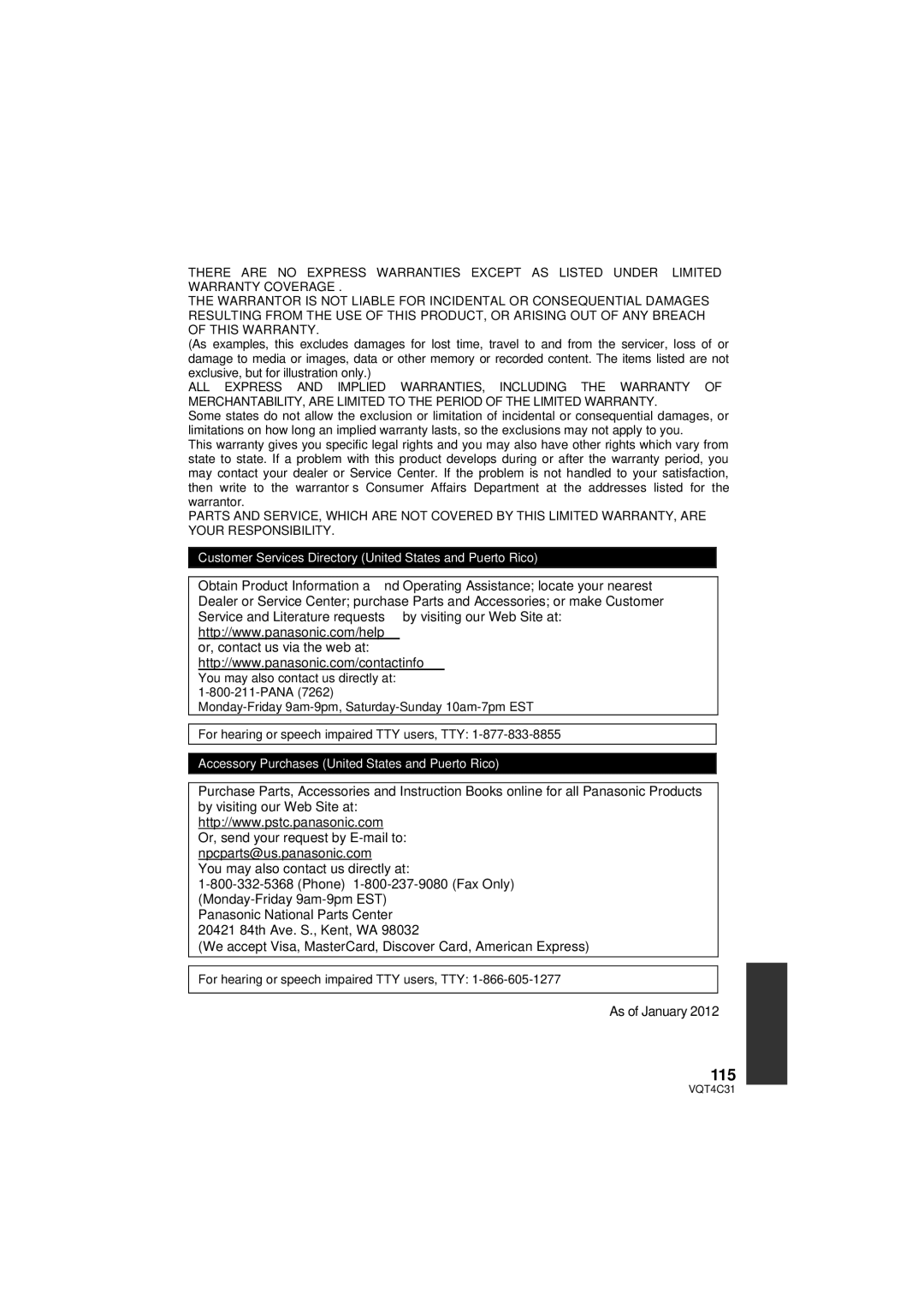 Panasonic HCV10K, HC-V10M, HC-V11M owner manual 115, As of January 