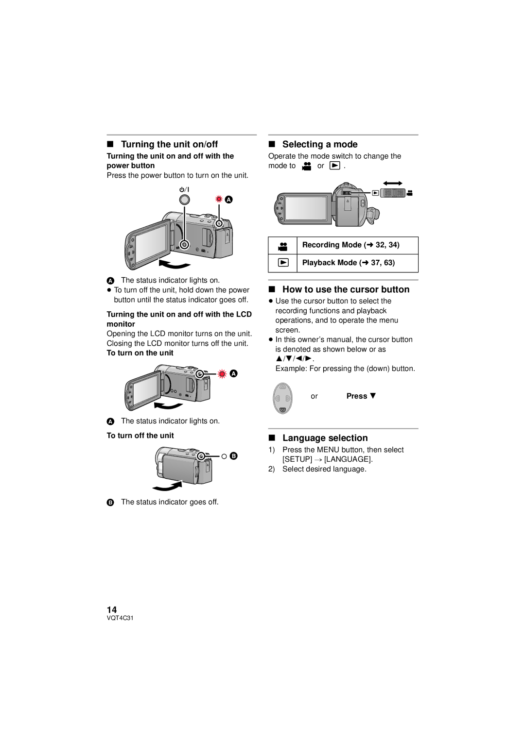 Panasonic HC-V10M, HC-V11M Turning the unit on/off, Selecting a mode, How to use the cursor button, Language selection 