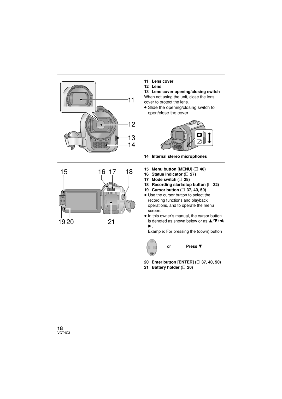 Panasonic HC-V10M, HC-V11M, HCV10K owner manual ≥ Slide the opening/closing switch to, Open/close the cover 