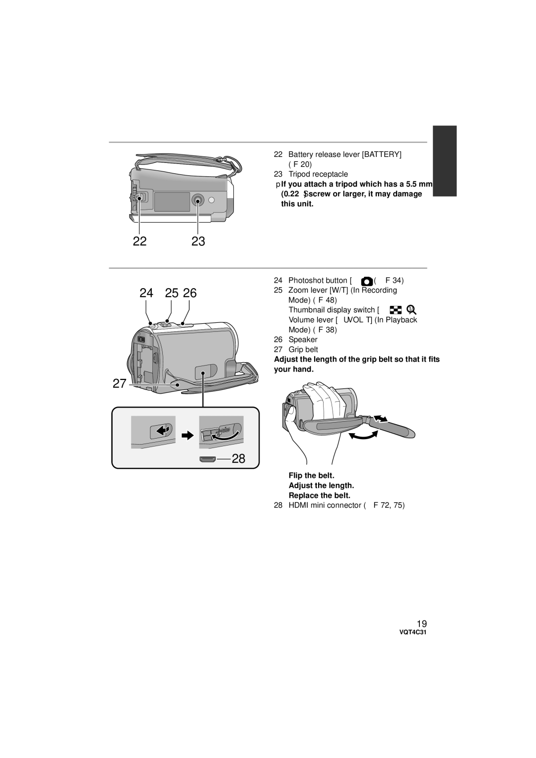 Panasonic HCV10K, HC-V10M, HC-V11M owner manual Battery release lever Battery l Tripod receptacle, Hdmi mini connector l72 