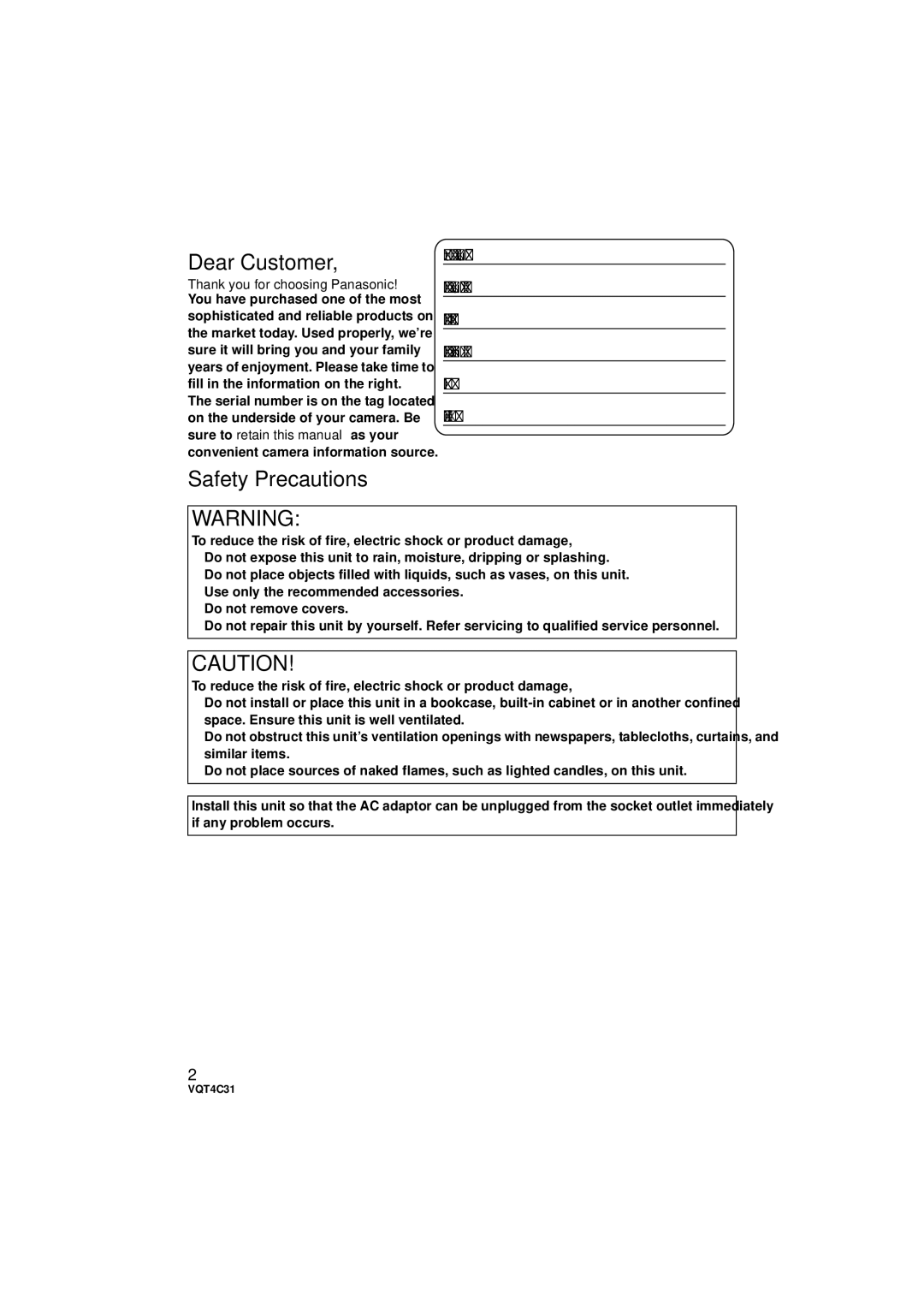 Panasonic HC-V10M, HC-V11M, HCV10K owner manual Dear Customer 