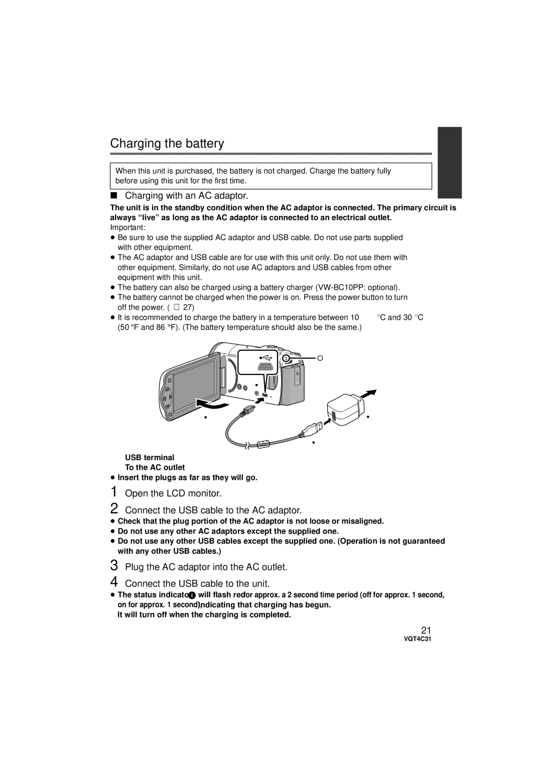 Panasonic HC-V11M, HC-V10M, HCV10K owner manual Charging the battery, Charging with an AC adaptor, Open the LCD monitor 