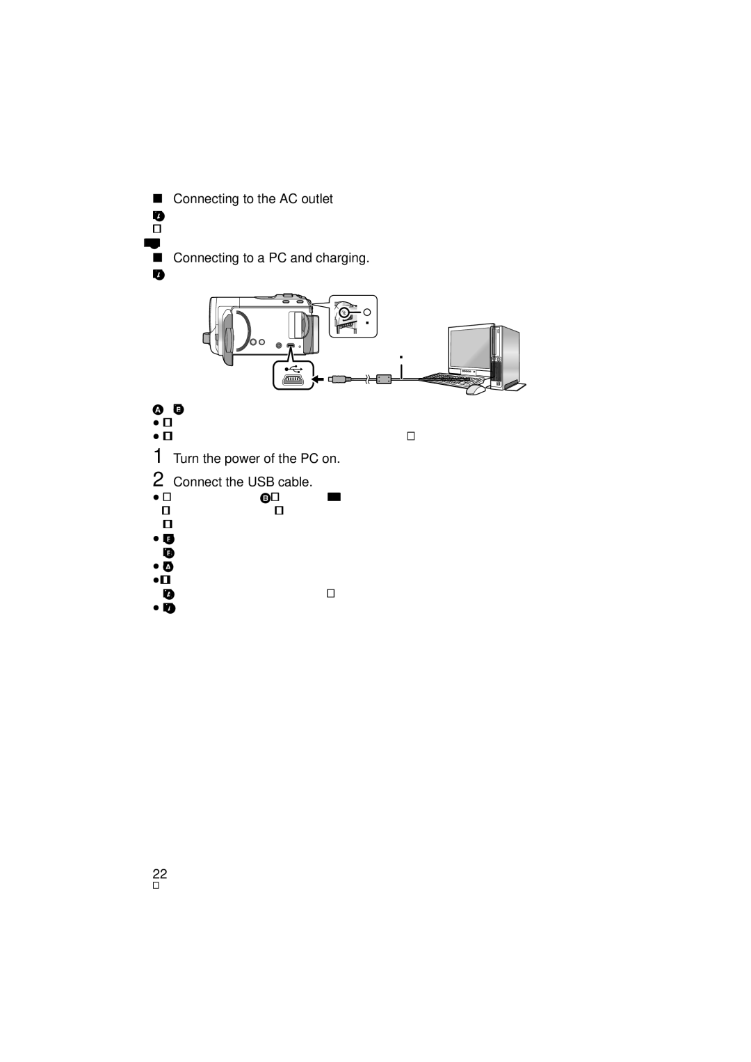 Panasonic HC-V10M, HC-V11M Connecting to the AC outlet, Connecting to a PC and charging, Turn the power of the PC on 