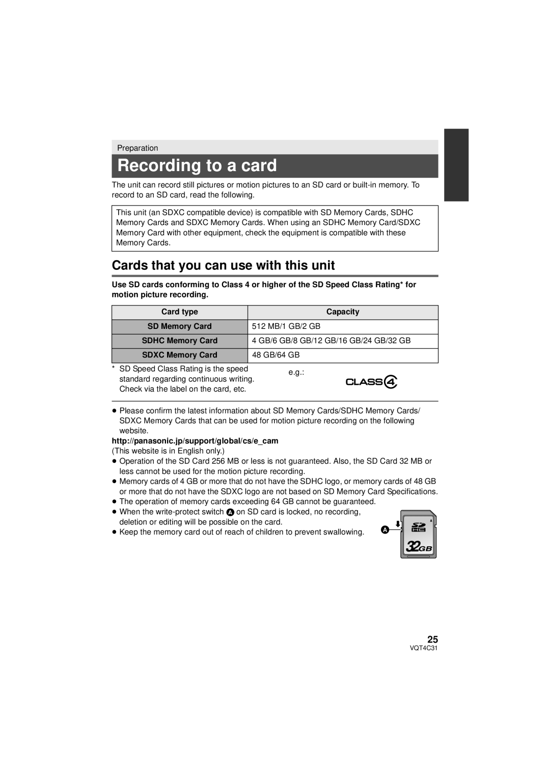 Panasonic HC-V11M, HC-V10M Recording to a card, Cards that you can use with this unit, 512 MB/1 GB/2 GB, 48 GB/64 GB 