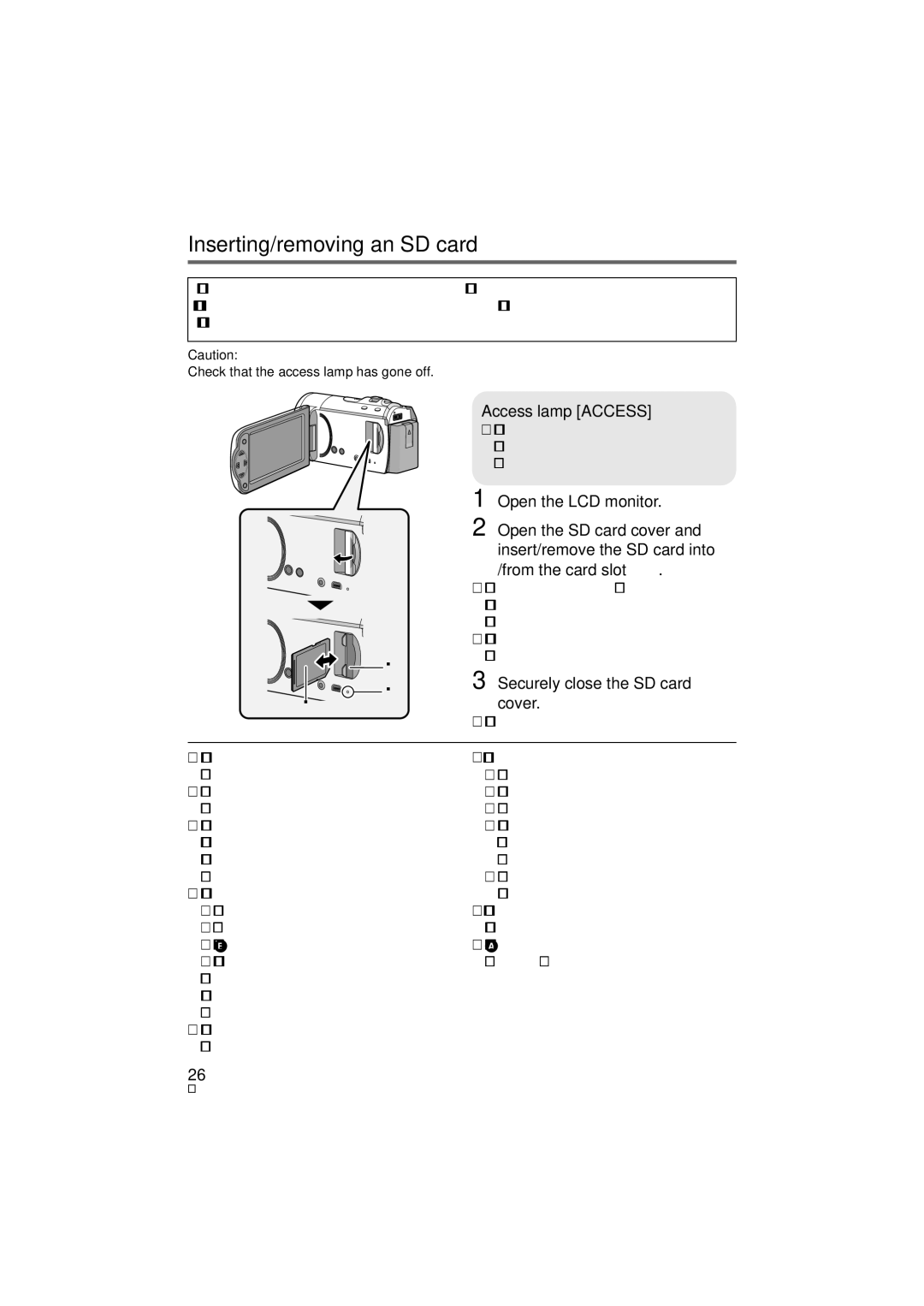 Panasonic HC-V10M, HC-V11M, HCV10K Inserting/removing an SD card, Access lamp Access a, Securely close the SD card cover 