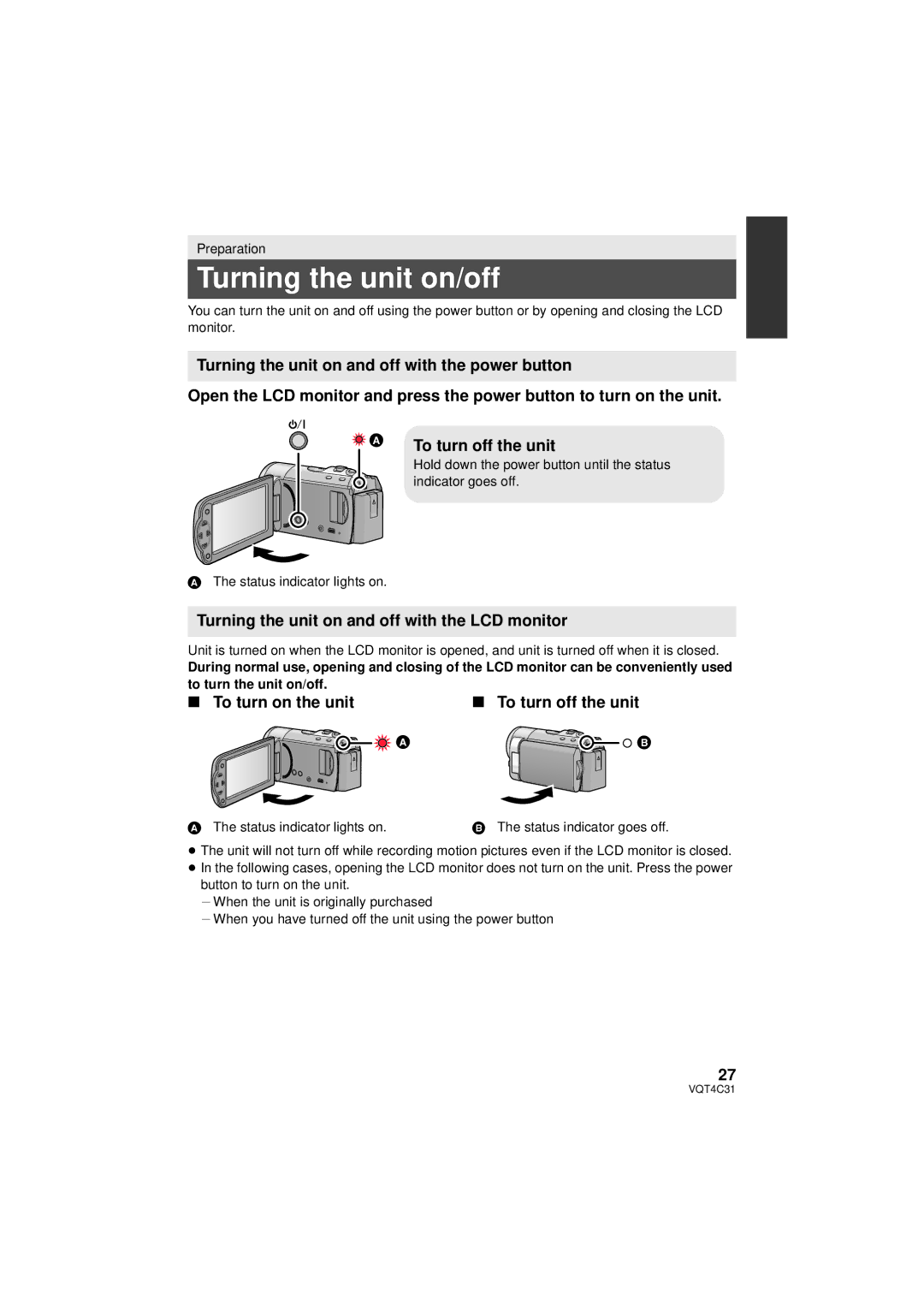 Panasonic HCV10K, HC-V10M, HC-V11M owner manual Turning the unit on/off, Turning the unit on and off with the LCD monitor 