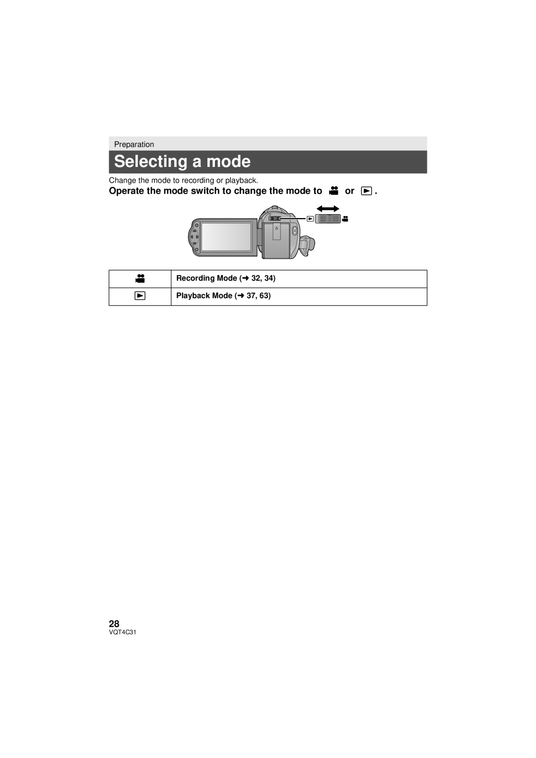 Panasonic HC-V10M Selecting a mode, Operate the mode switch to change the mode to or, Recording Mode l32 Playback Mode l37 