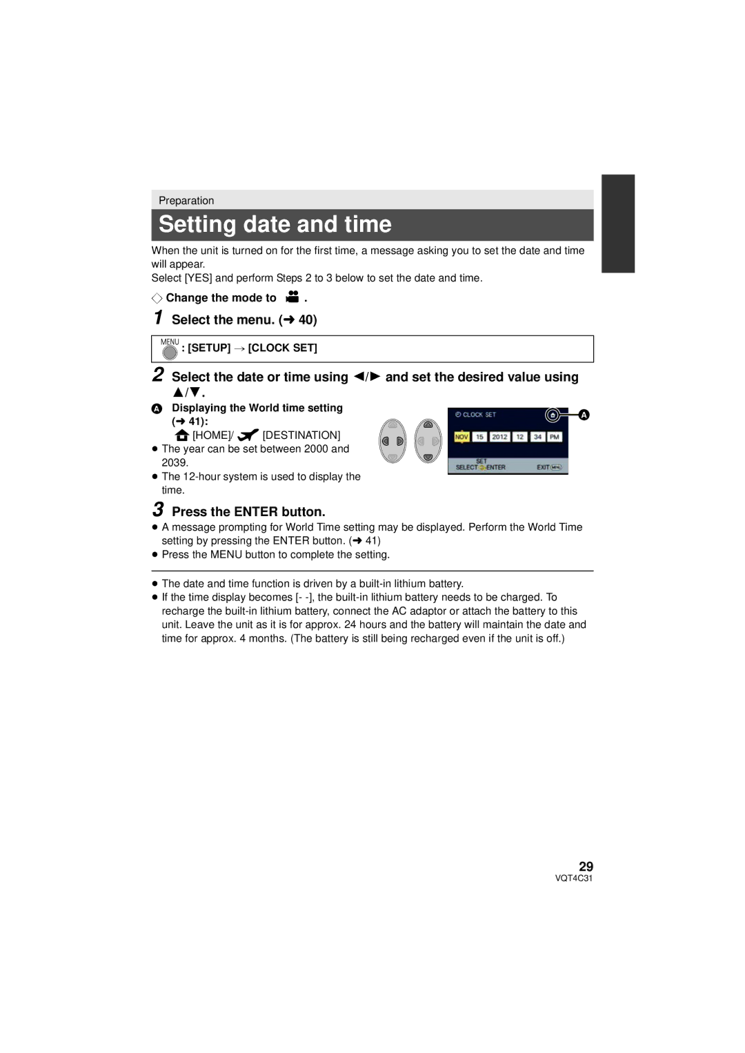 Panasonic HC-V11M, HC-V10M Setting date and time, Select the menu. l40, Press the Enter button, ¬ Change the mode to 