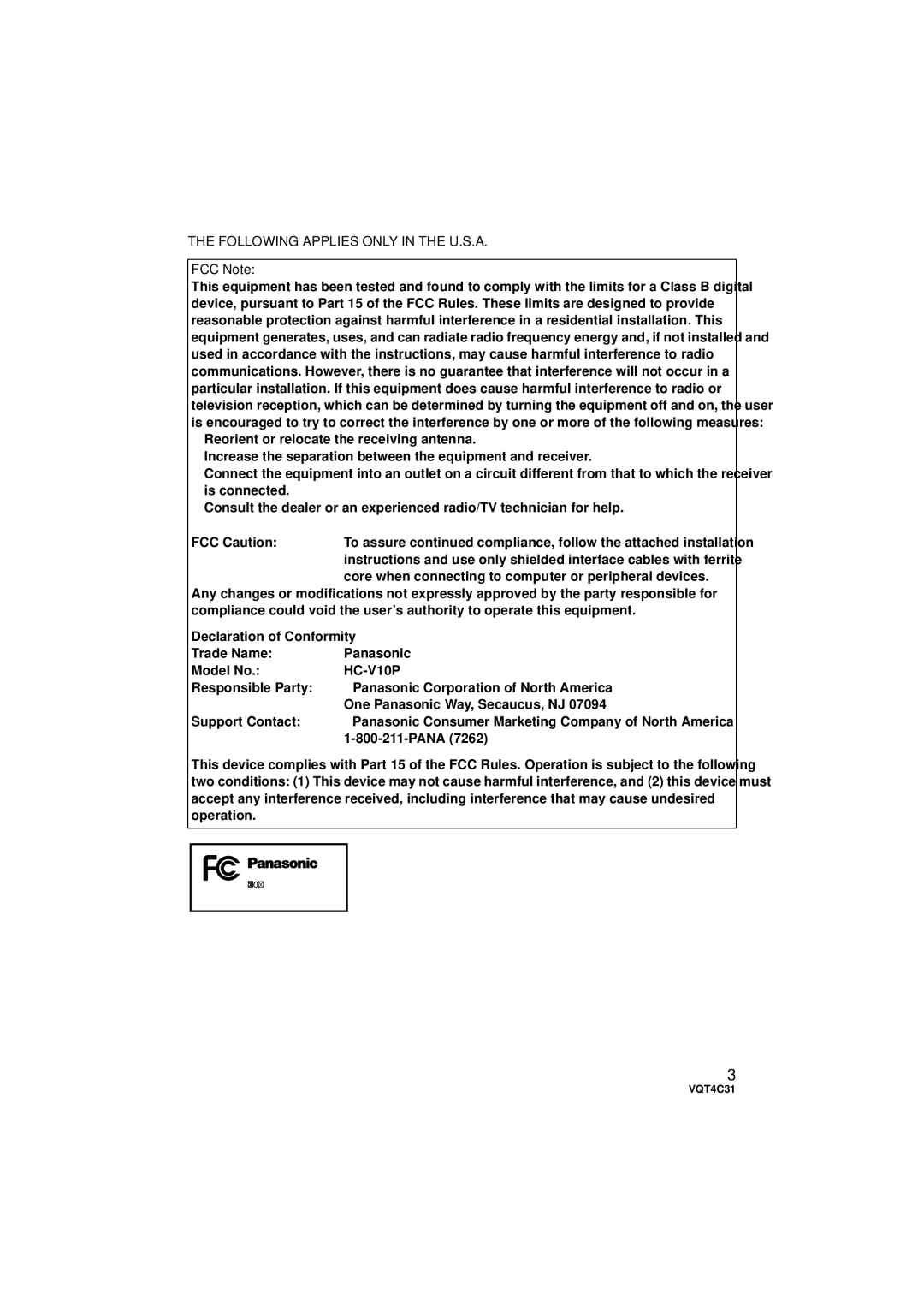 Panasonic HCV10K, HC-V10M, HC-V11M owner manual Following Applies only in the U.S.A, FCC Note 