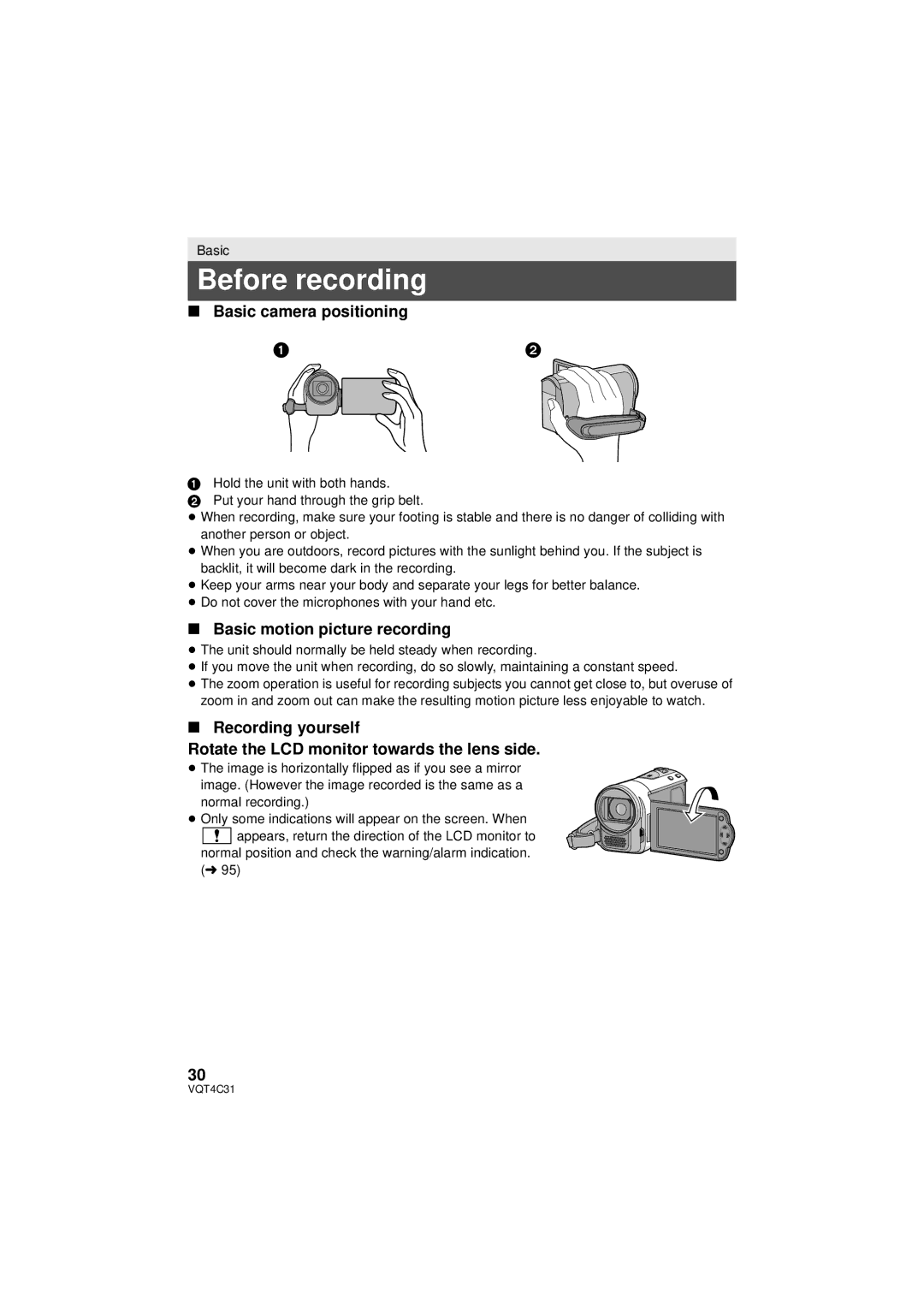 Panasonic HC-V10M, HC-V11M, HCV10K owner manual Before recording, Basic camera positioning, Basic motion picture recording 