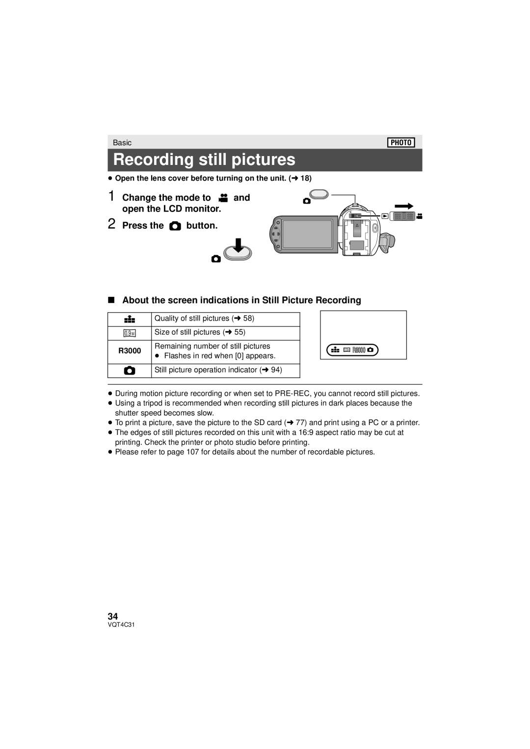 Panasonic HC-V10M, HC-V11M, HCV10K owner manual Recording still pictures, R3000 