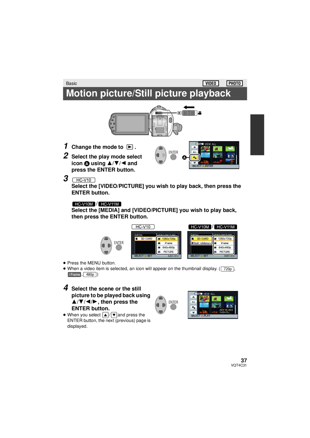 Panasonic HC-V11M, HC-V10M, HCV10K owner manual Motion picture/Still picture playback 