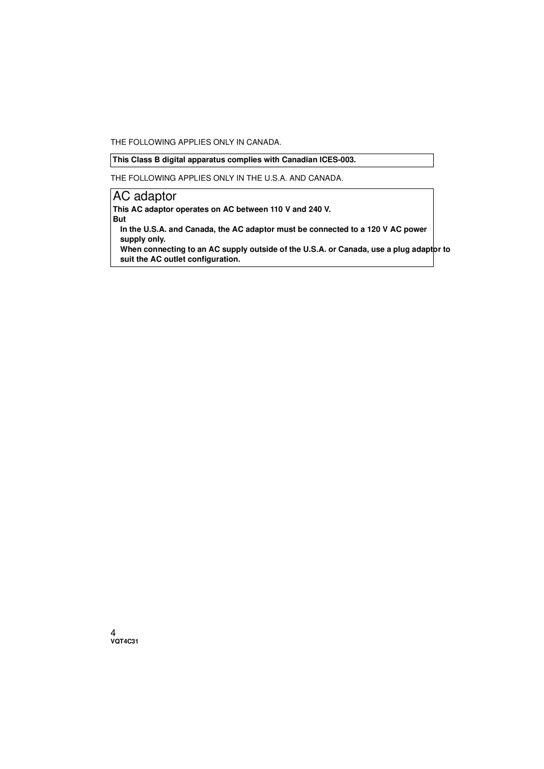 Panasonic HC-V10M, HC-V11M AC adaptor, Following Applies only in Canada, Following Applies only in the U.S.A. and Canada 