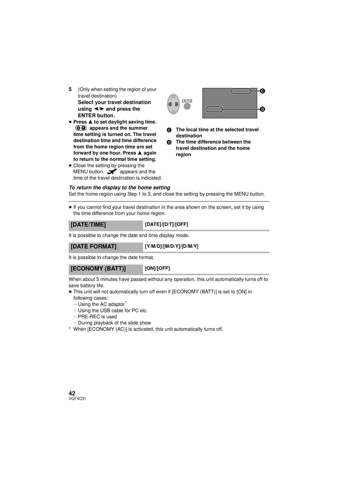 Panasonic HC-V10M, HC-V11M, HCV10K owner manual Date Format, Economy Batt, Enter button, Date/Timedate/D/T/Off 