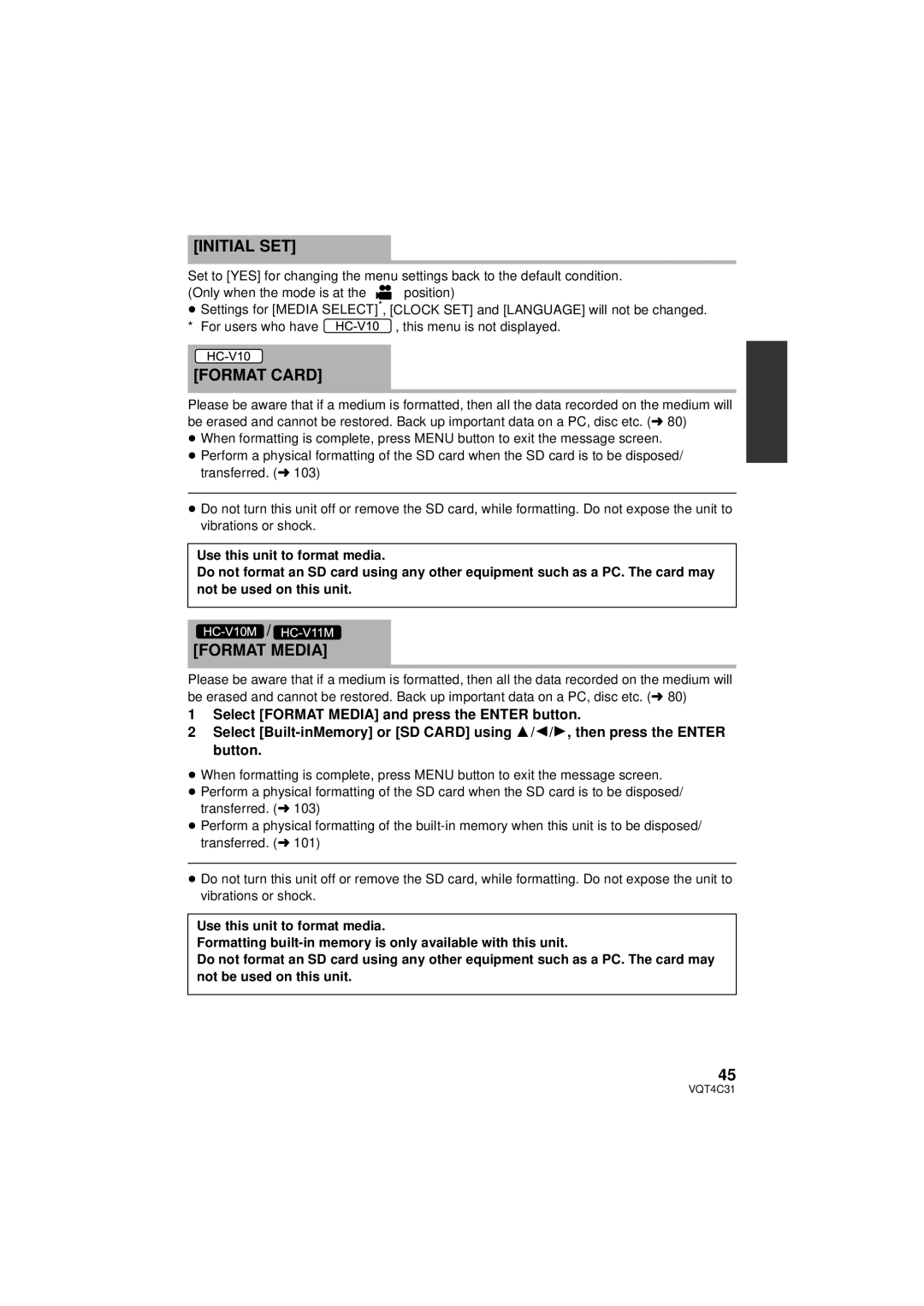 Panasonic HC-V11M, HC-V10M, HCV10K owner manual Initial SET, Format Card, Format Media 