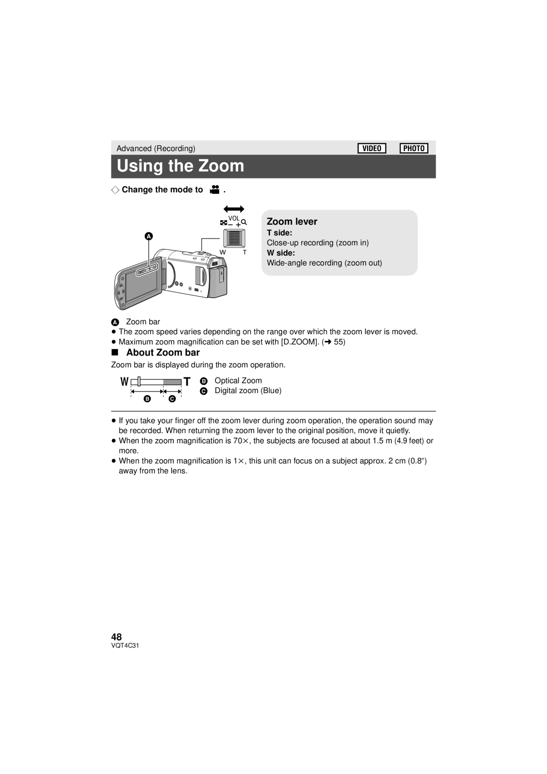 Panasonic HC-V10M, HC-V11M, HCV10K owner manual Using the Zoom, Zoom lever, About Zoom bar, Side, Optical Zoom 