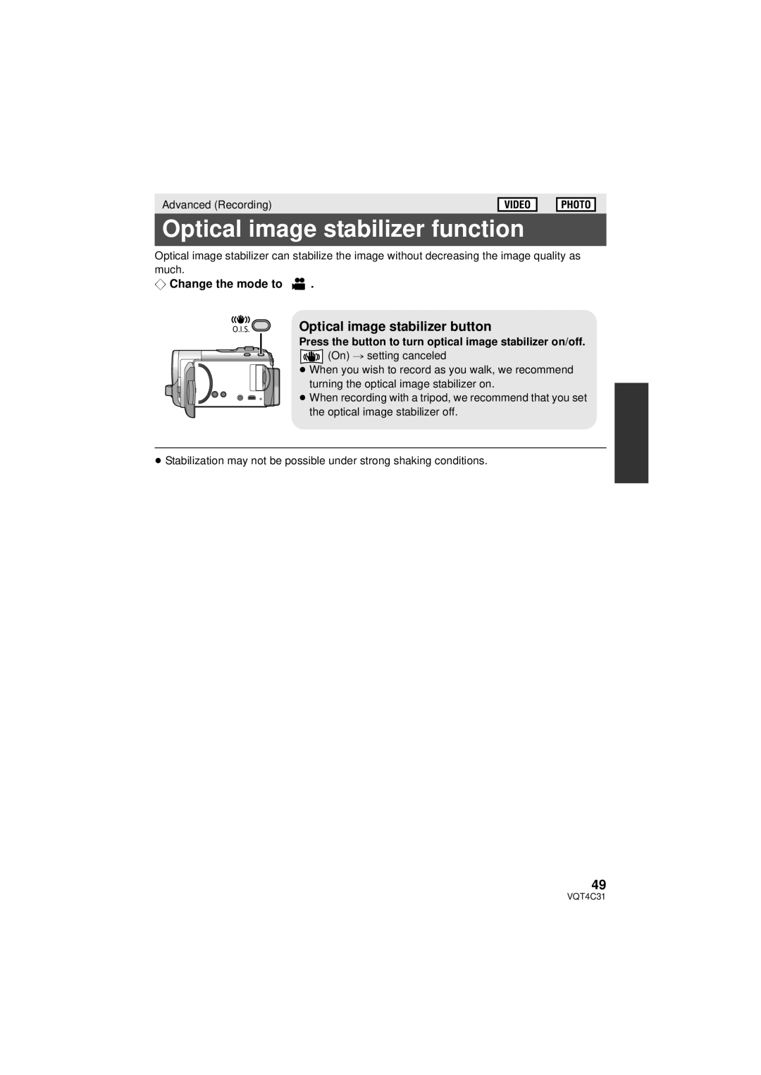 Panasonic HC-V11M, HC-V10M, HCV10K owner manual Optical image stabilizer function, Optical image stabilizer button 