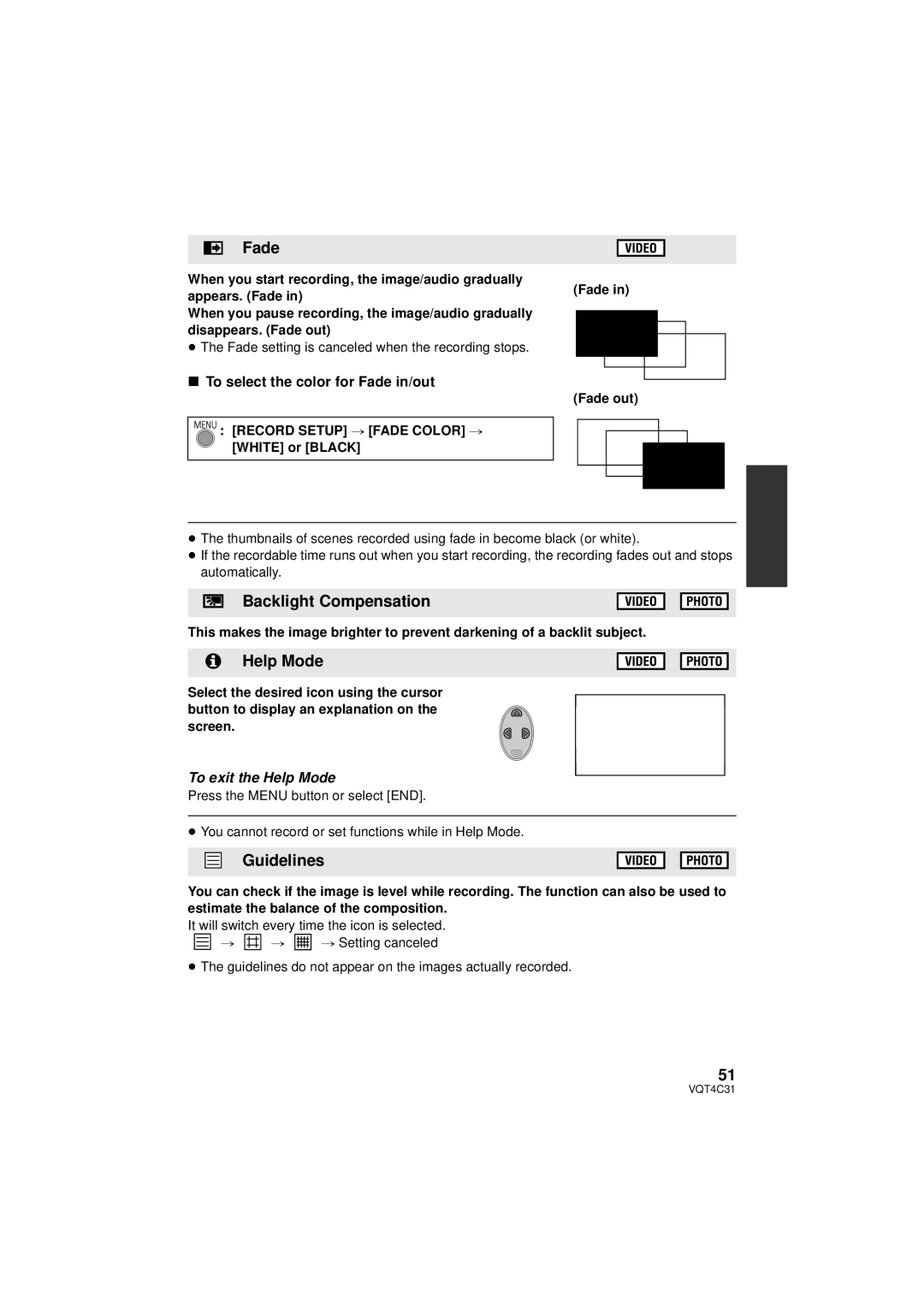 Panasonic HCV10K, HC-V10M, HC-V11M Backlight Compensation, Help Mode, Guidelines, To select the color for Fade in/out 