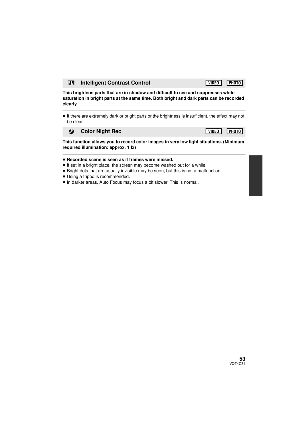 Panasonic HC-V11M, HC-V10M, HCV10K owner manual Intelligent Contrast Control, Color Night Rec 