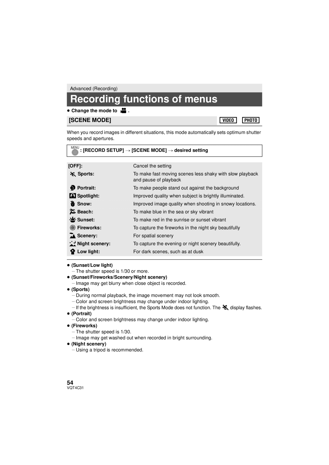 Panasonic HC-V10M, HC-V11M, HCV10K owner manual Recording functions of menus, Scene Mode 