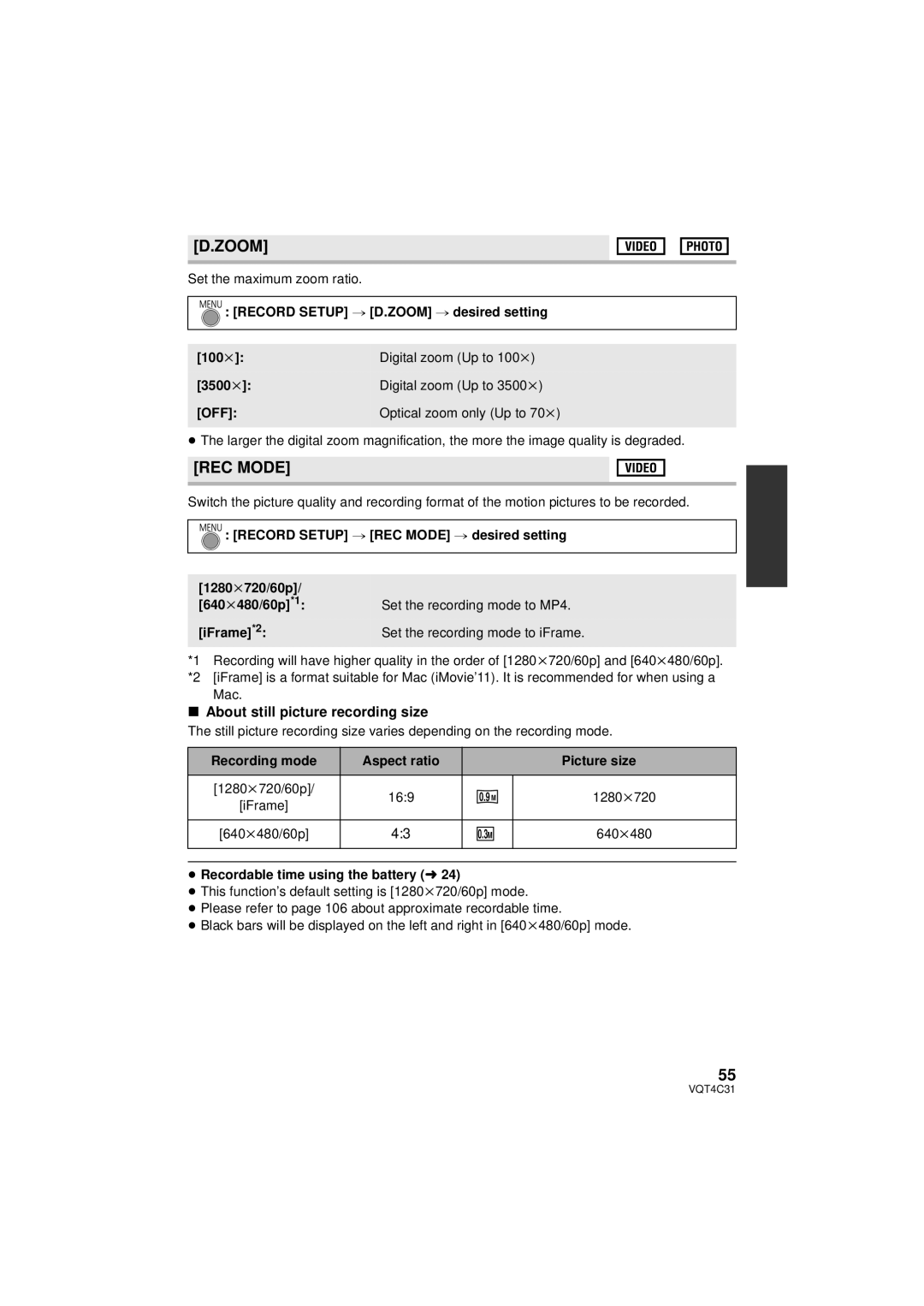 Panasonic HCV10K, HC-V10M Zoom, REC Mode, About still picture recording size, Recording mode Aspect ratio Picture size 