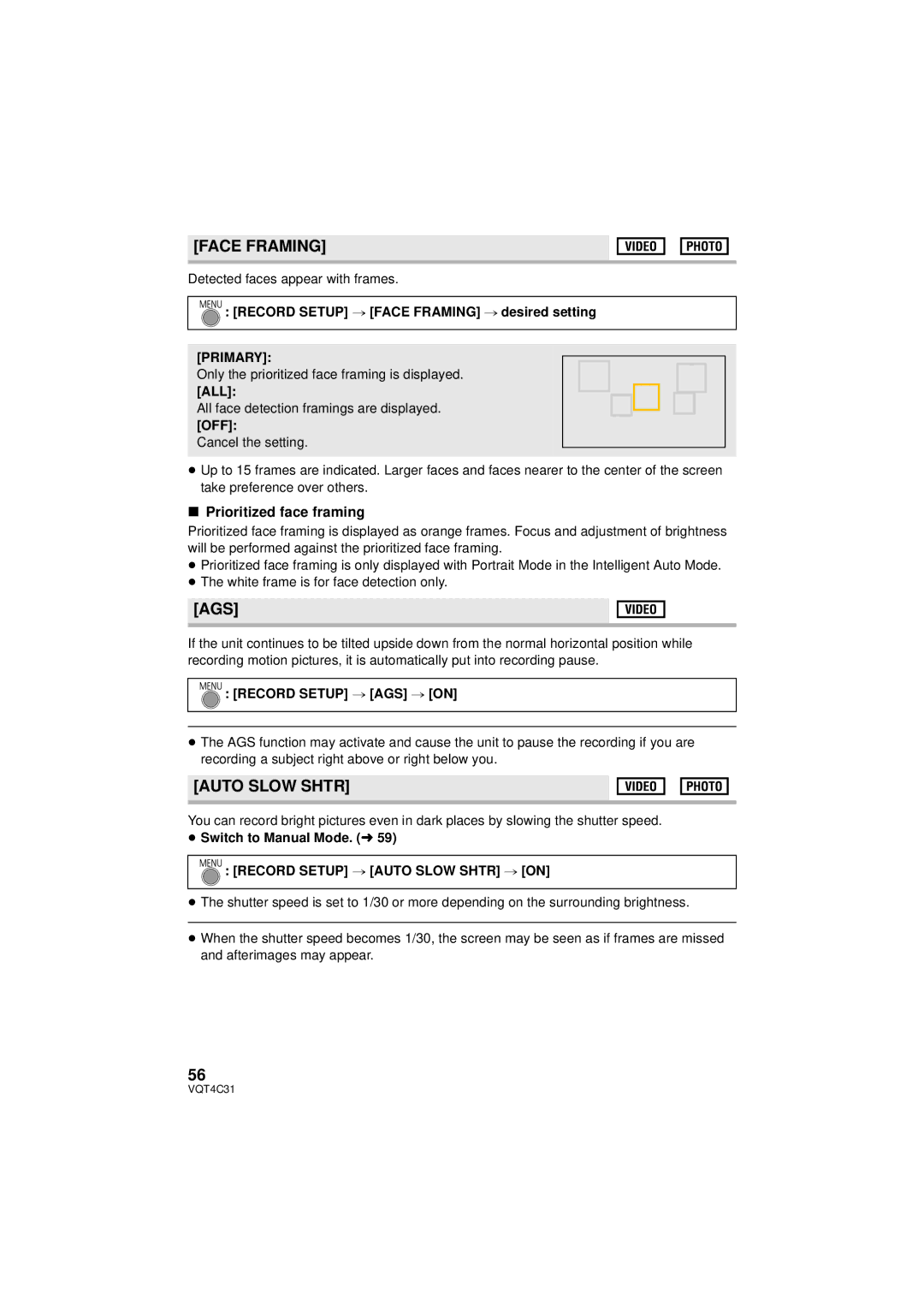 Panasonic HC-V10M, HC-V11M, HCV10K owner manual Face Framing, Ags, Auto Slow Shtr, Prioritized face framing 