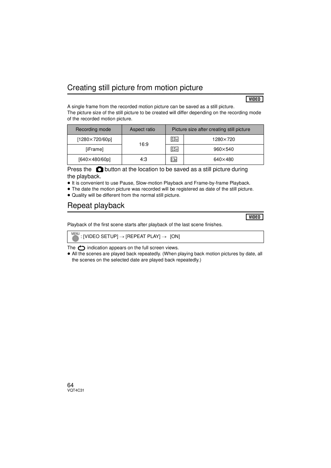 Panasonic HC-V10M, HC-V11M Creating still picture from motion picture, Repeat playback, Video Setup # Repeat Play # on 