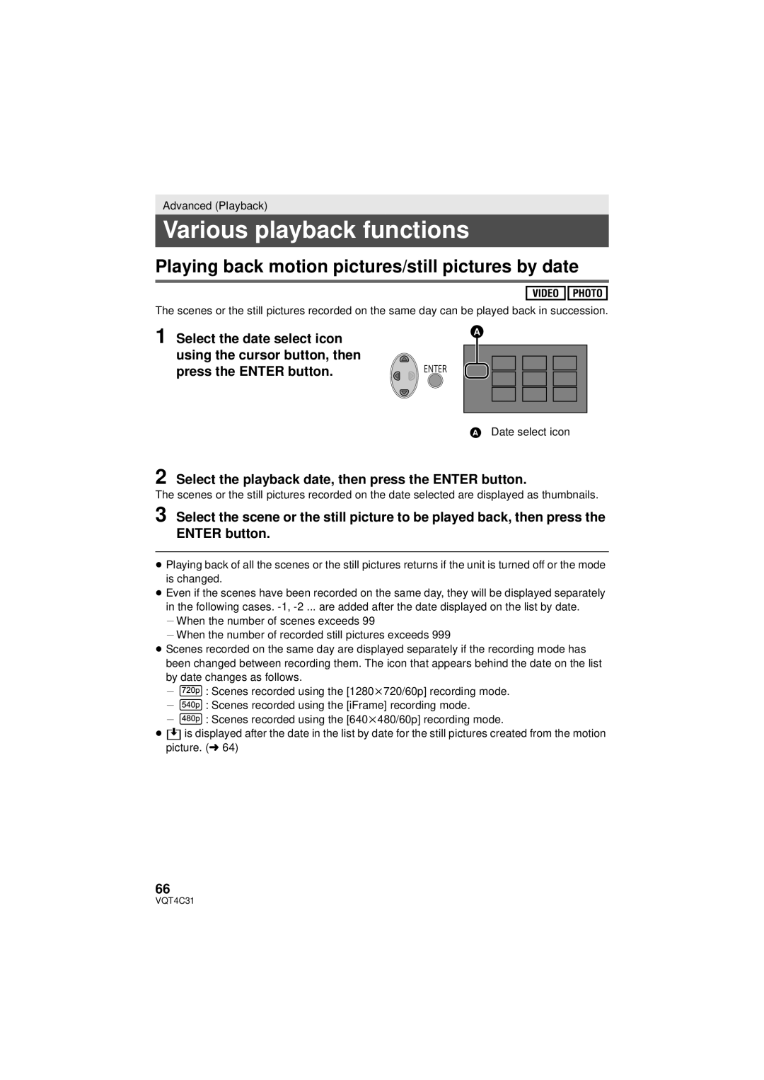 Panasonic HC-V10M, HC-V11M, HCV10K Various playback functions, Playing back motion pictures/still pictures by date 