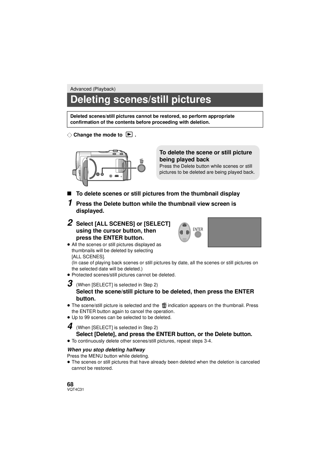 Panasonic HC-V10M, HC-V11M, HCV10K Deleting scenes/still pictures, To delete the scene or still picture being played back 