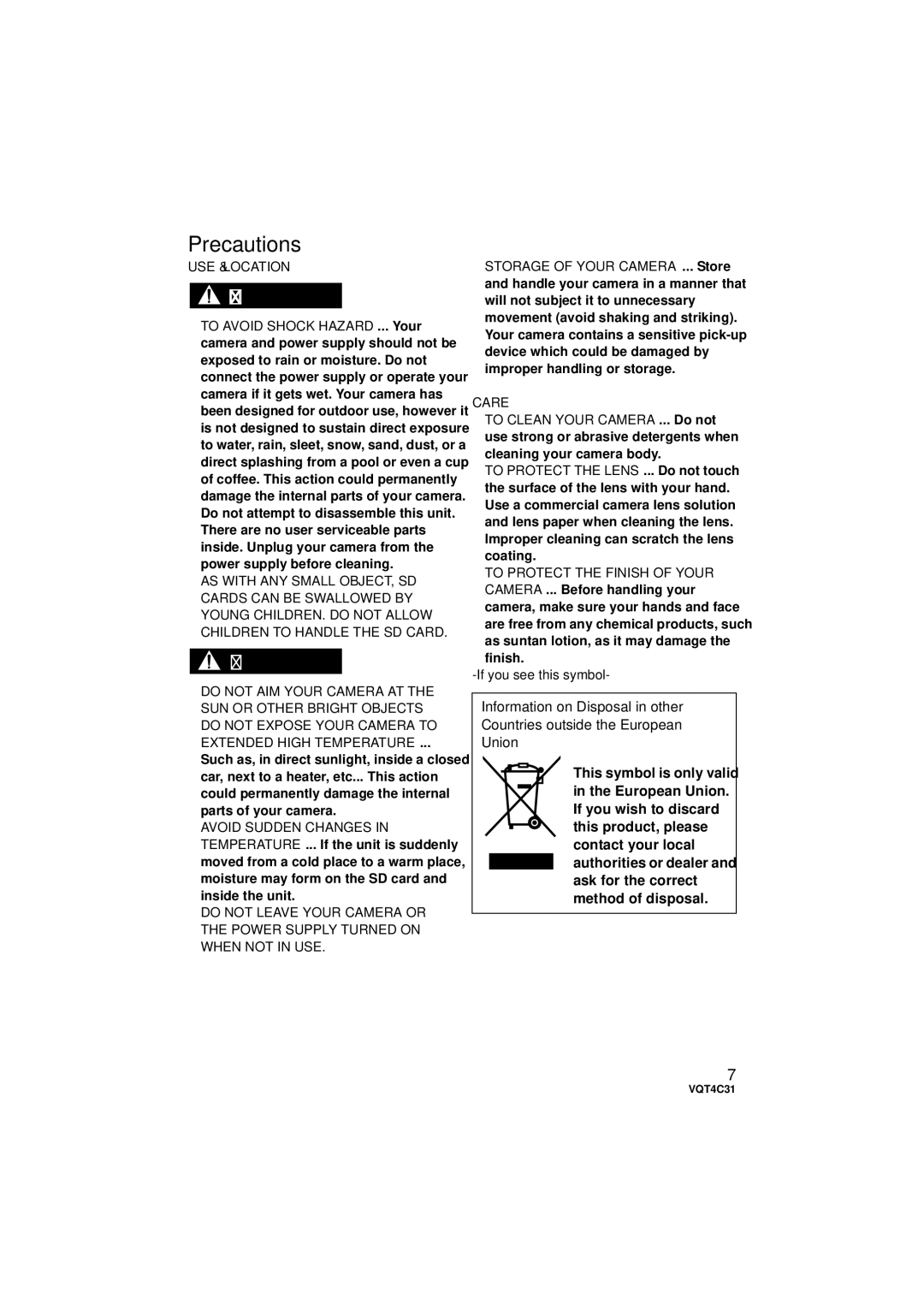 Panasonic HCV10K, HC-V10M, HC-V11M owner manual Precautions, USE & Location, Care, If you see this symbol 