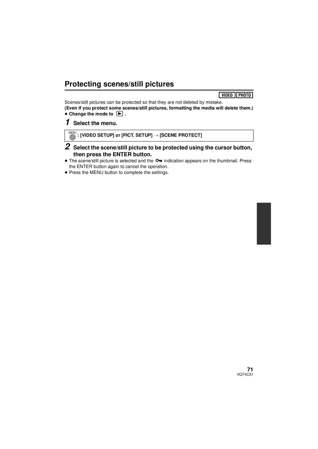 Panasonic HCV10K, HC-V10M, HC-V11M owner manual Protecting scenes/still pictures, Video Setup or PICT. Setup # Scene Protect 