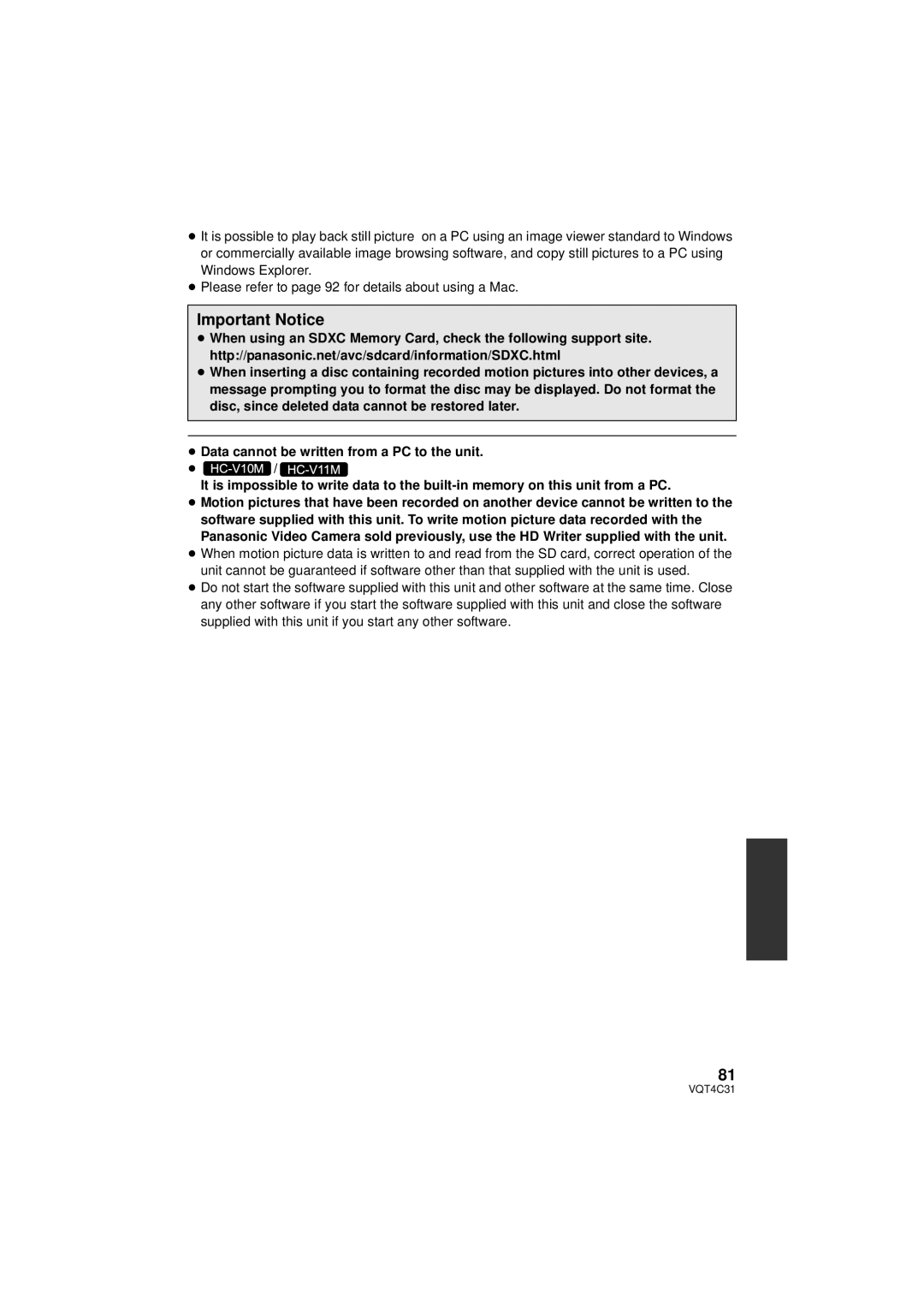 Panasonic HC-V11M, HC-V10M, HCV10K owner manual Important Notice 