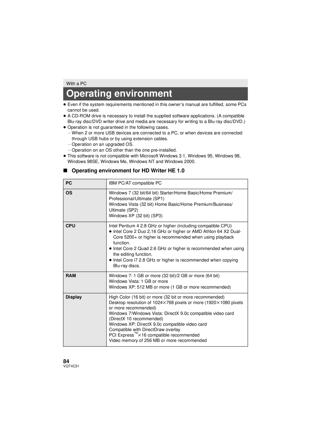 Panasonic HC-V10M, HC-V11M, HCV10K owner manual Operating environment for HD Writer HE, Cpu, Ram, Display 