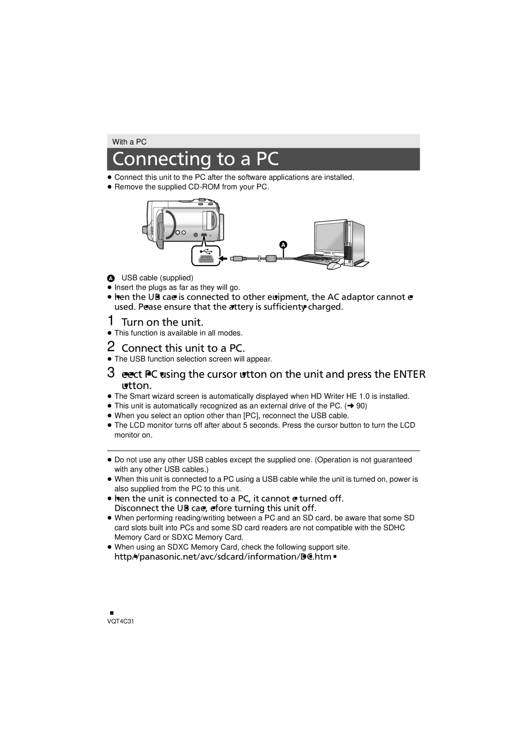 Panasonic HC-V10M, HC-V11M, HCV10K owner manual Connecting to a PC, Turn on the unit, Connect this unit to a PC 