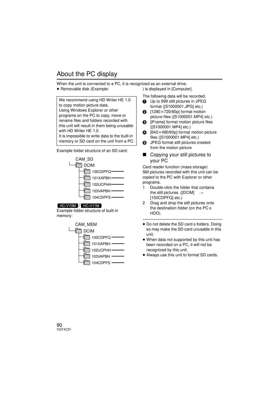 Panasonic HC-V10 About the PC display, Copying your still pictures to Your PC, Example folder structure of an SD card 