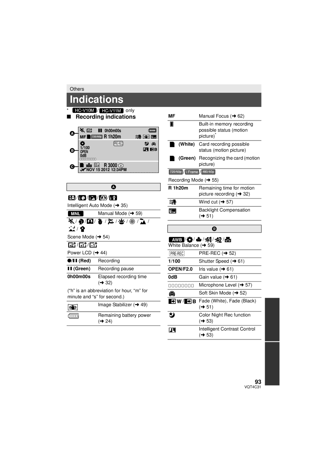 Panasonic HC-V11M, HC-V10M, HCV10K owner manual Indications, Recording indications, 1h20m, OPEN/F2.0 