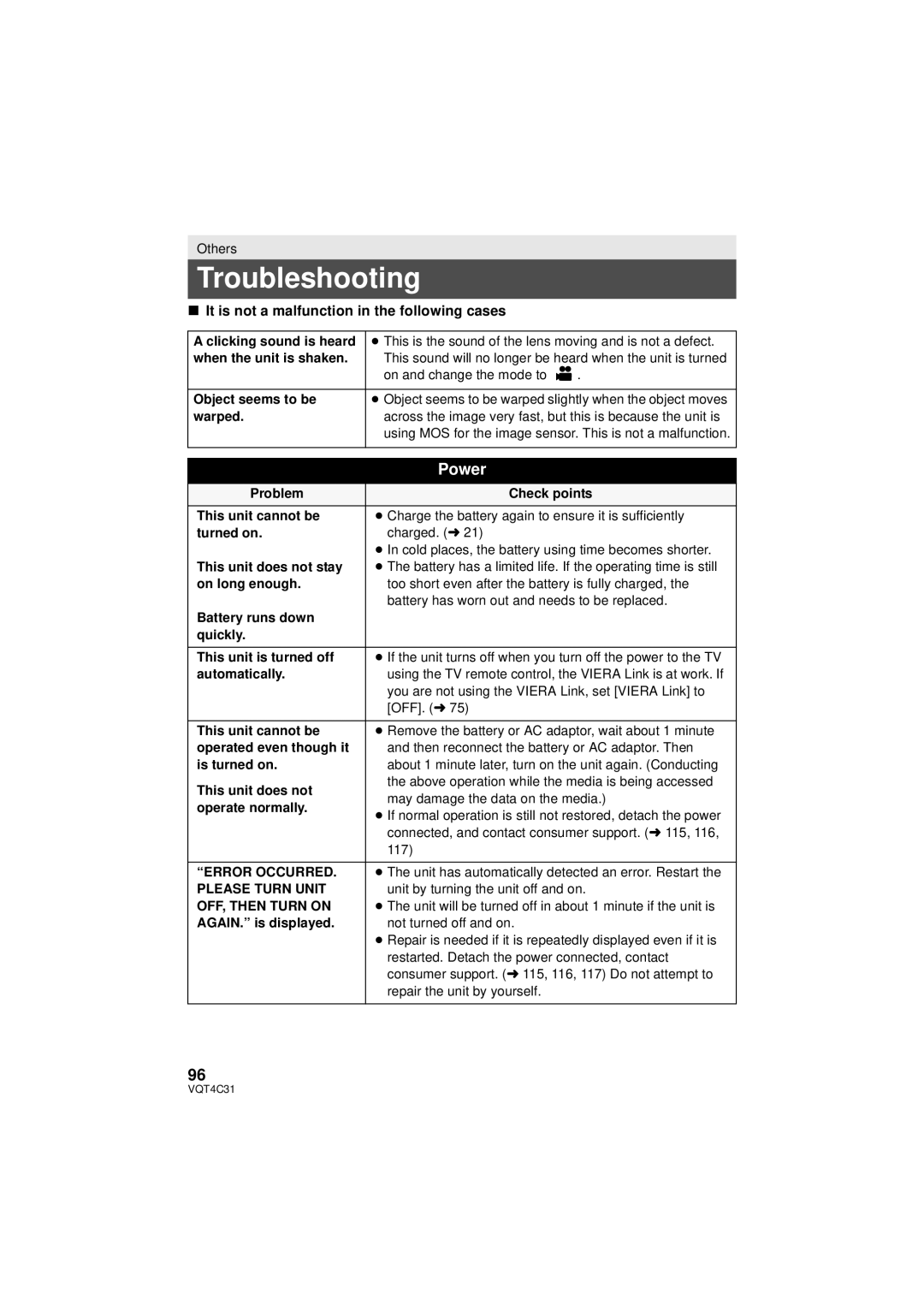 Panasonic HC-V10M Troubleshooting, It is not a malfunction in the following cases, Error Occurred, Please Turn Unit 