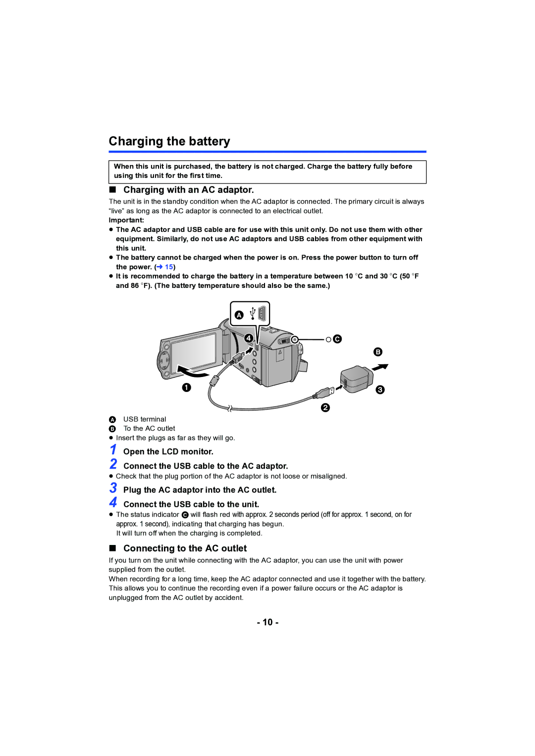 Panasonic HC-V130 Charging the battery, Charging with an AC adaptor, Connecting to the AC outlet, Open the LCD monitor 