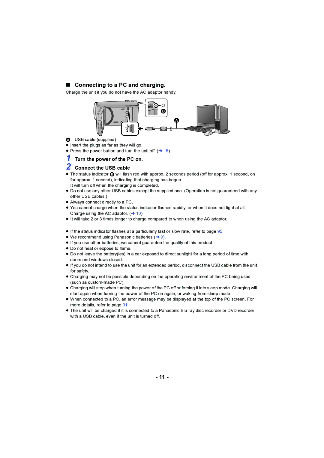 Panasonic HC-V130 owner manual Connecting to a PC and charging, Turn the power of the PC on 