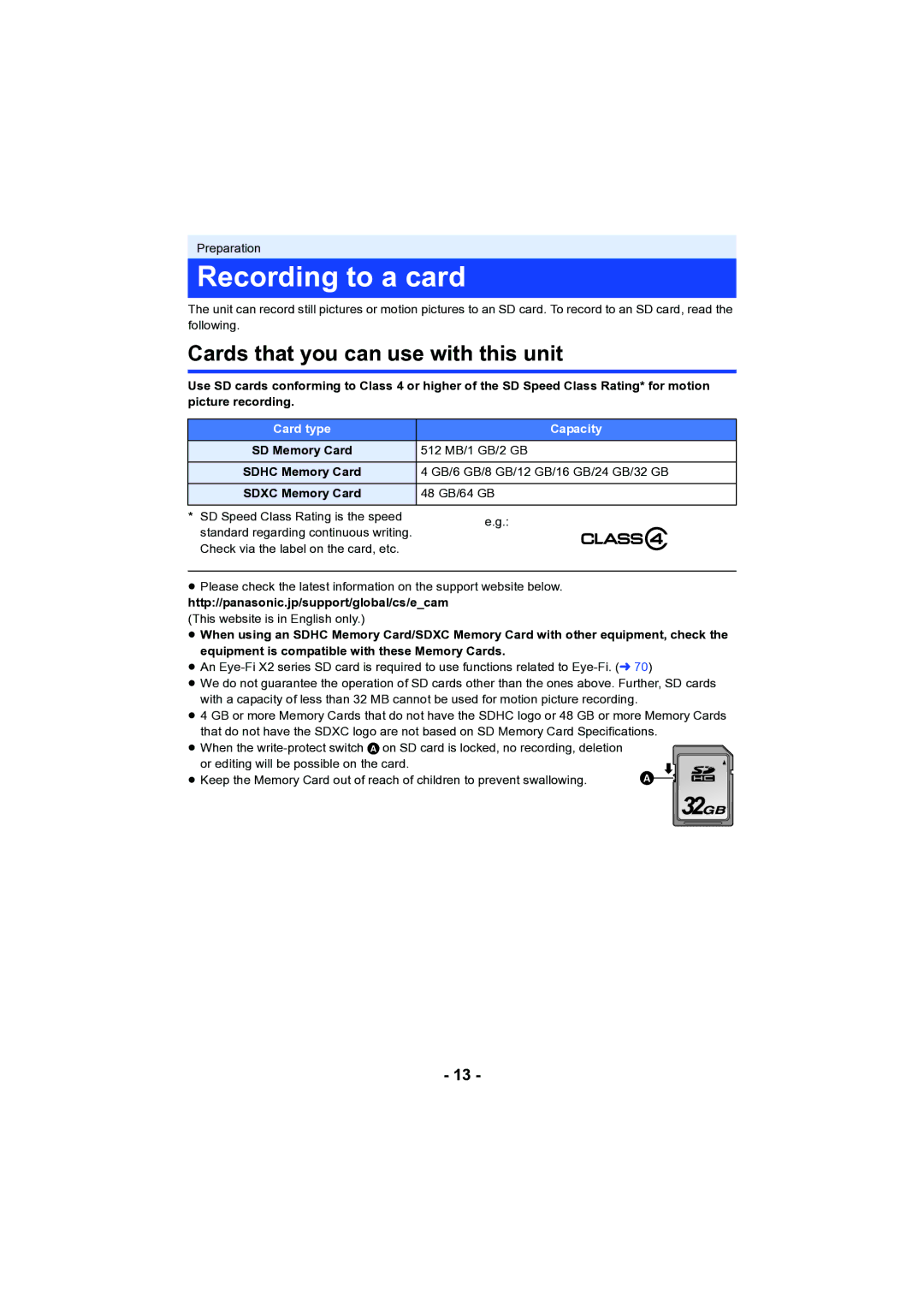 Panasonic HC-V130 owner manual Recording to a card, Cards that you can use with this unit, 512 MB/1 GB/2 GB, 48 GB/64 GB 