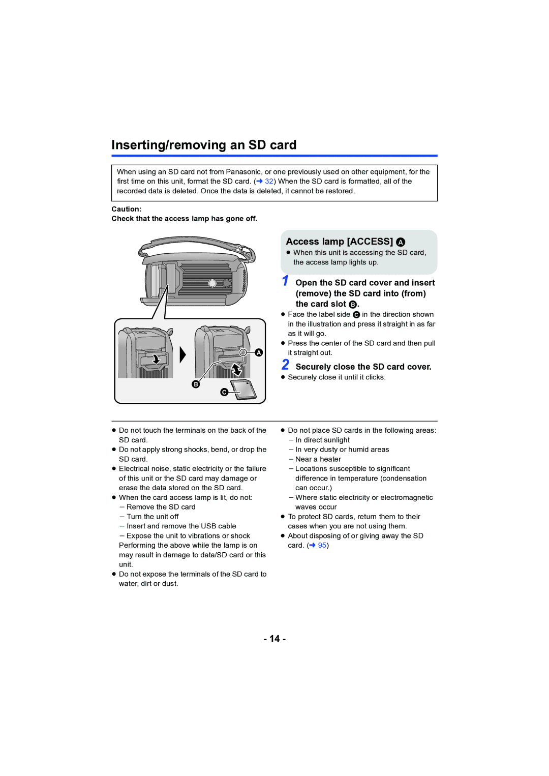 Panasonic HC-V130 owner manual Inserting/removing an SD card, Access lamp Access a, Check that the access lamp has gone off 