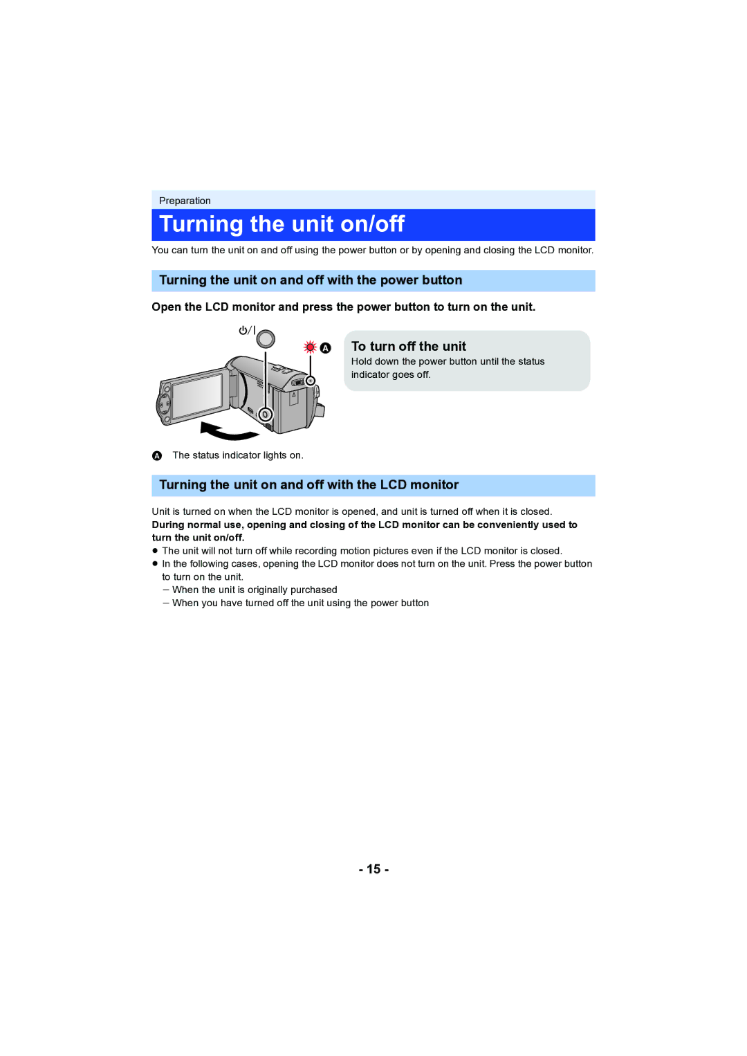 Panasonic HC-V130 Turning the unit on/off, Turning the unit on and off with the power button,  To turn off the unit 