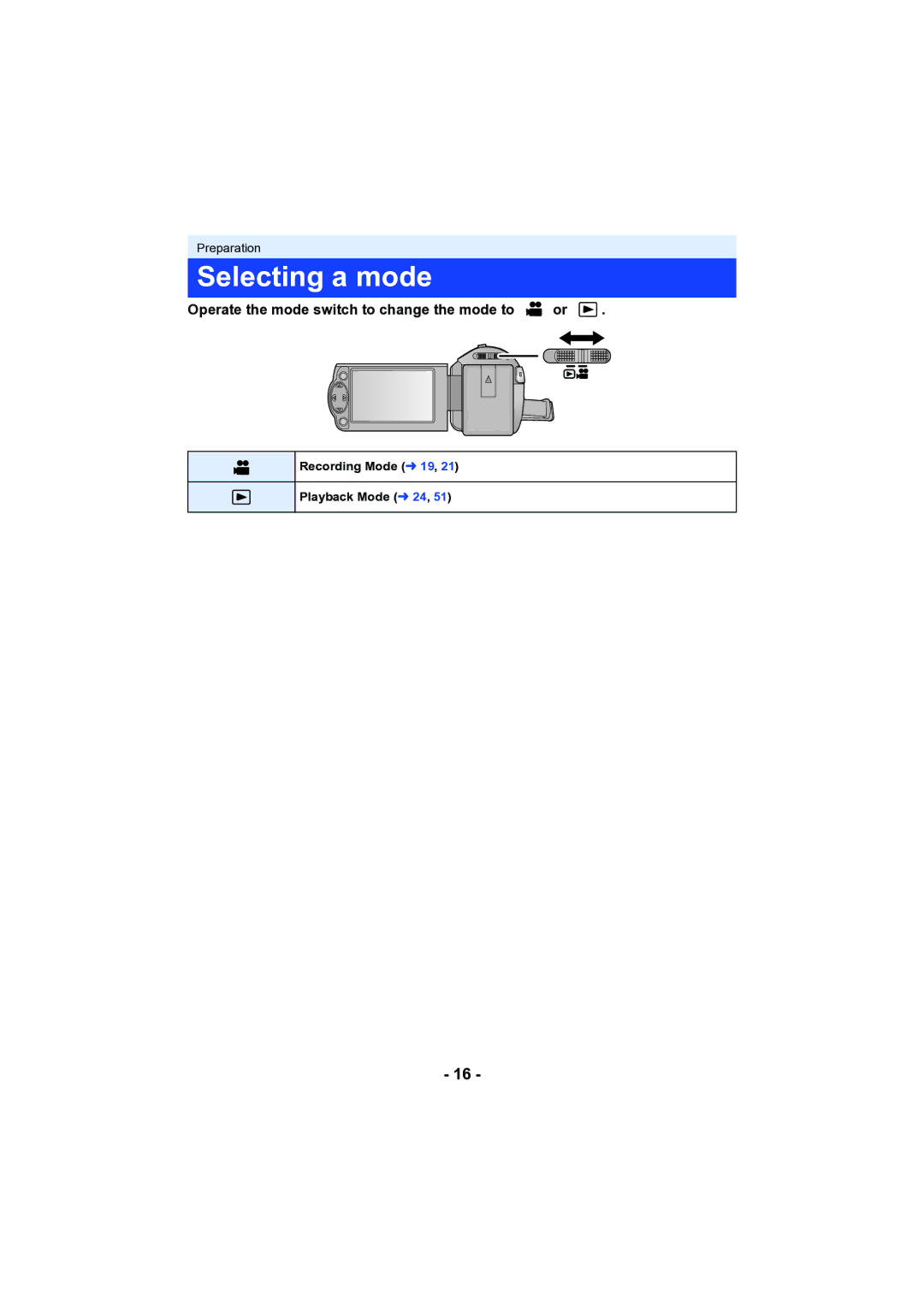 Panasonic HC-V130 owner manual Selecting a mode, Operate the mode switch to change the mode to or 